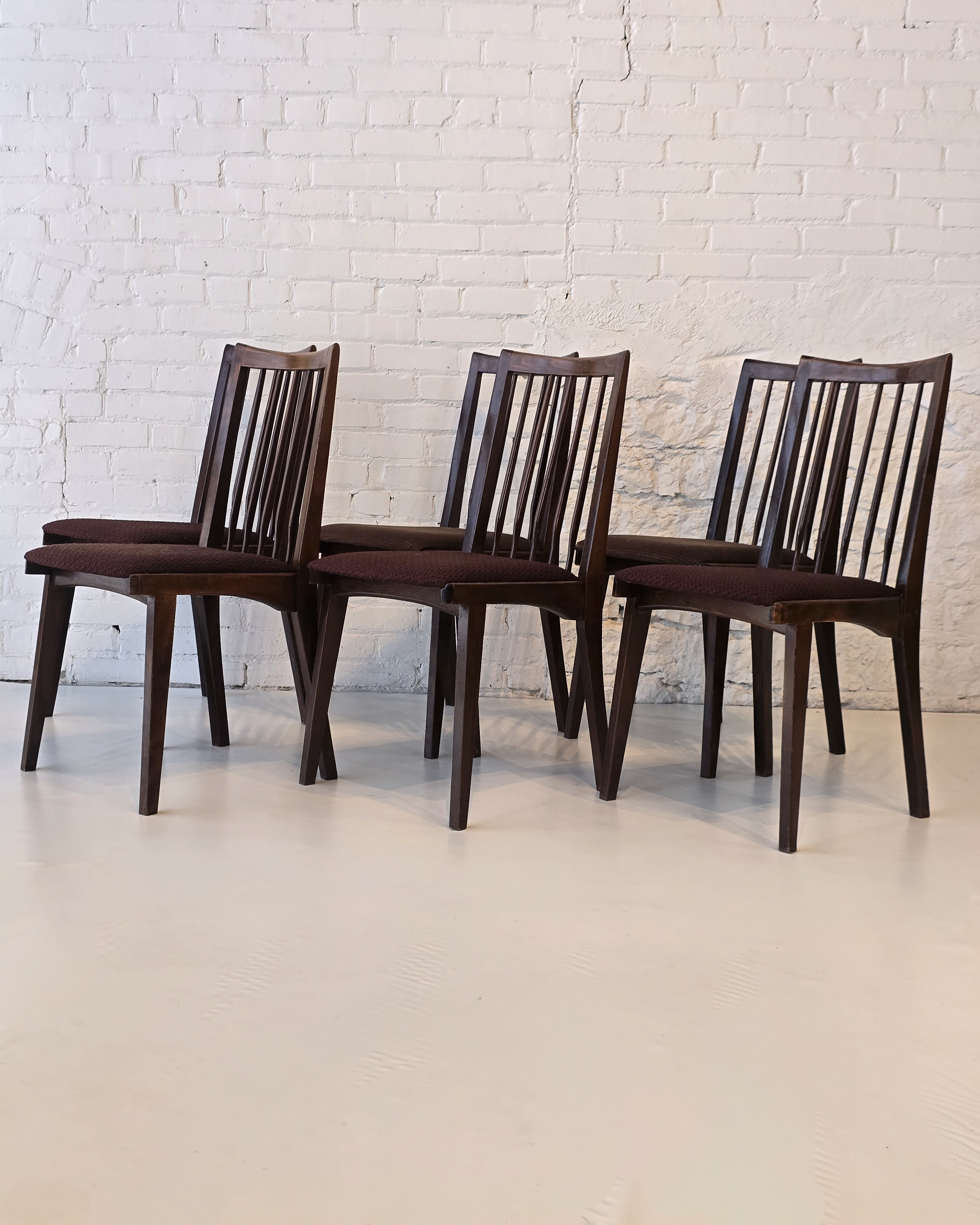 Set of Six Dark Walnut High-Back Dining Chairs with Upholstered Seats