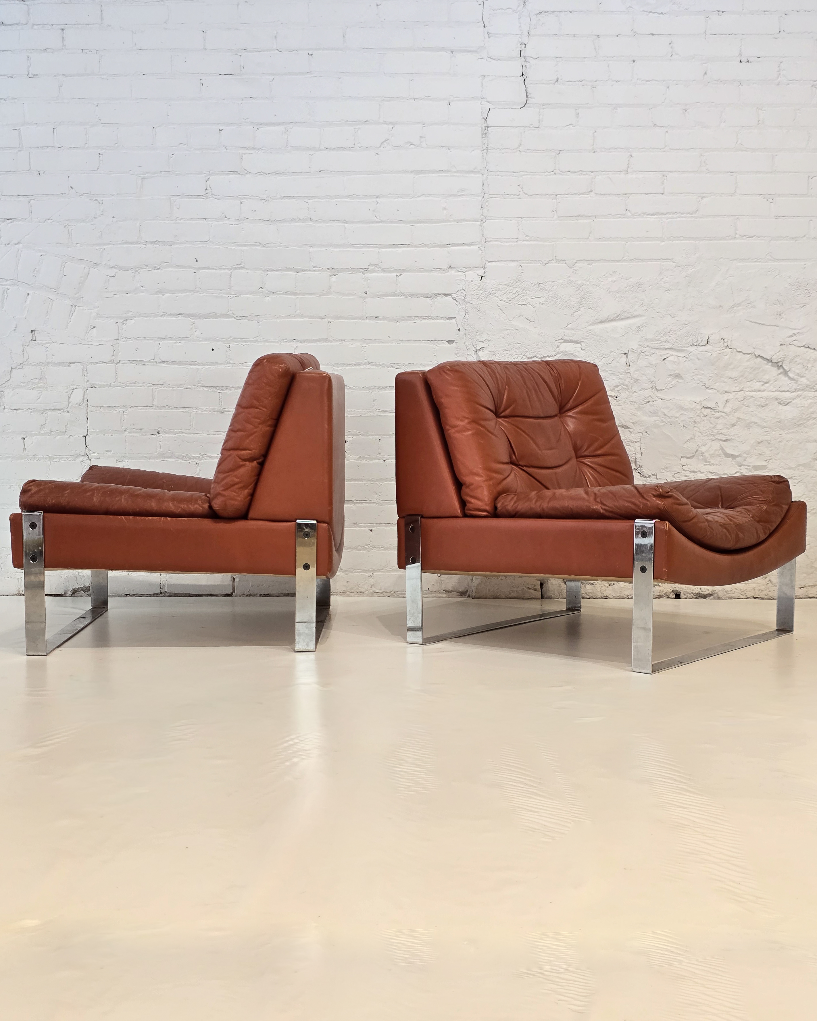  Pair of Cognac Leather & Chrome Flat-Bar Lounge Chairs