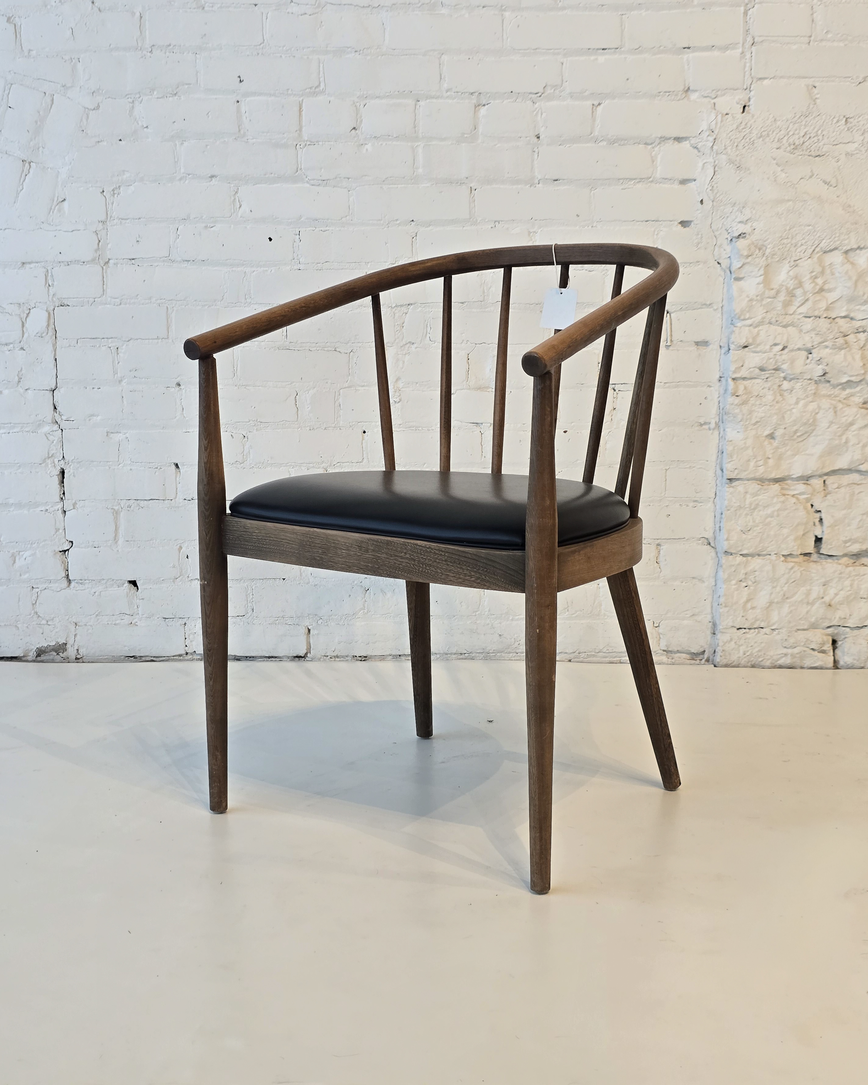Walnut Spindle-Back Armchair with Black Leather Seat