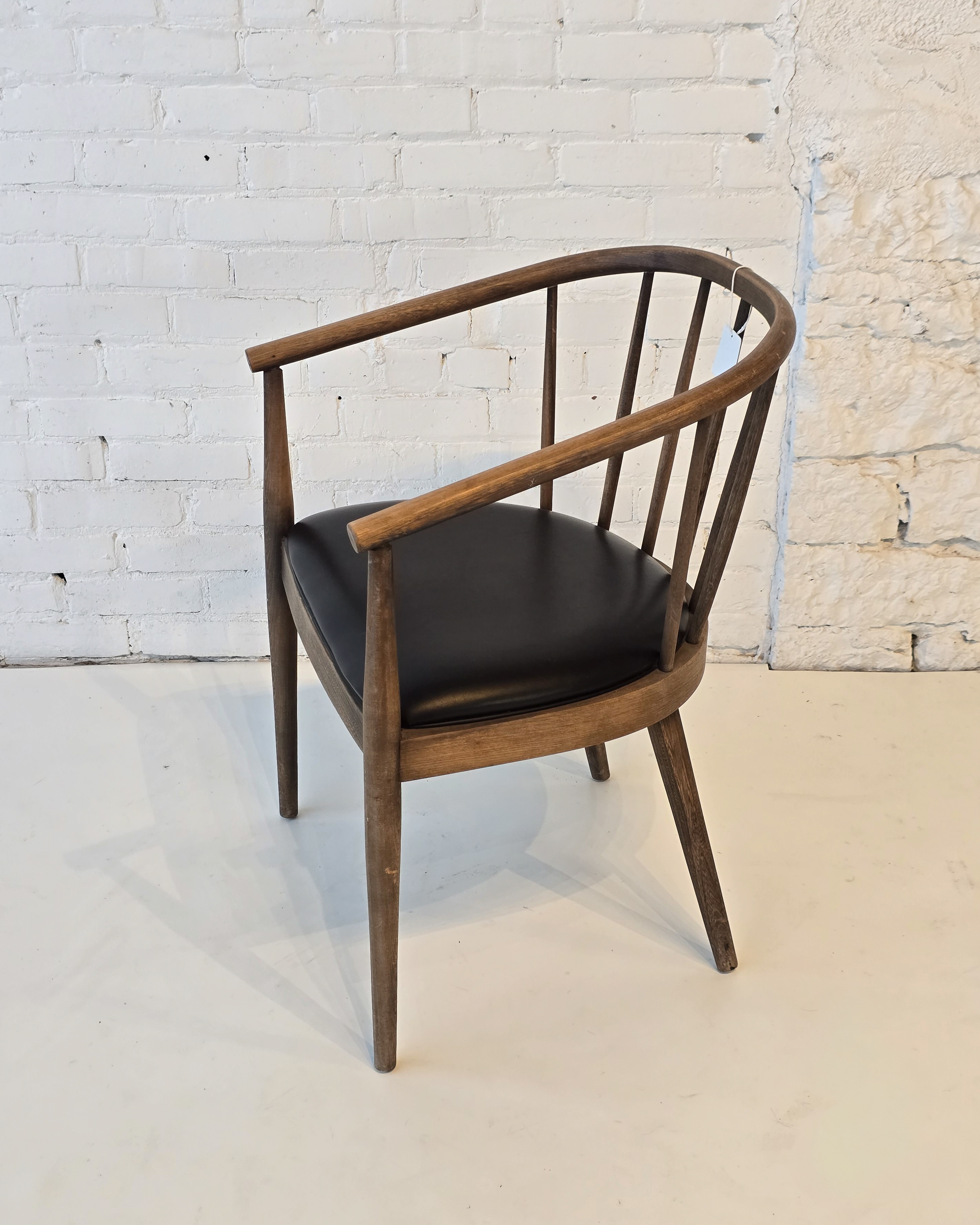 Walnut Spindle-Back Armchair with Black Leather Seat