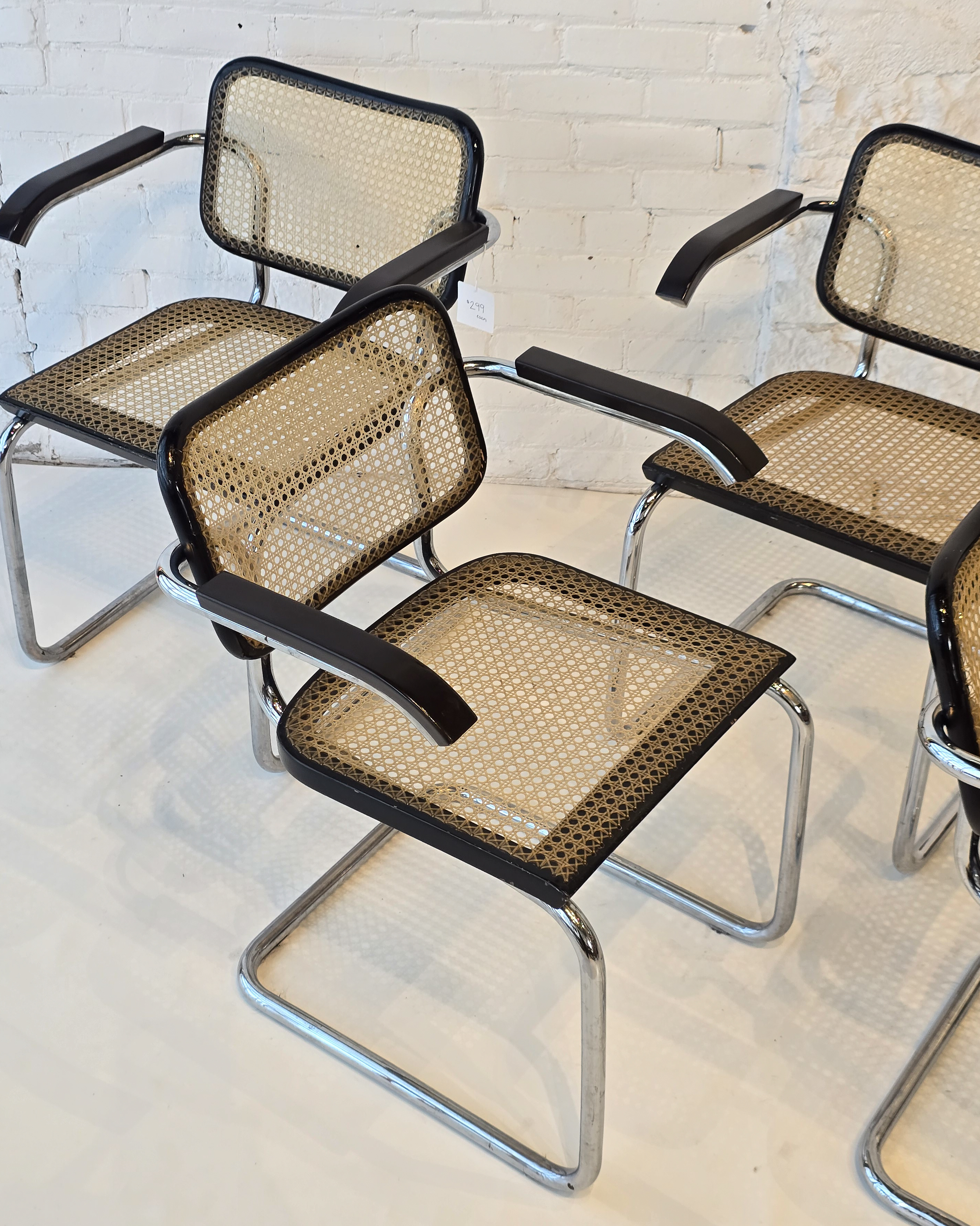 Set of Four Cesca-Style Cane & Chrome Armchairs in Ebonized Finish