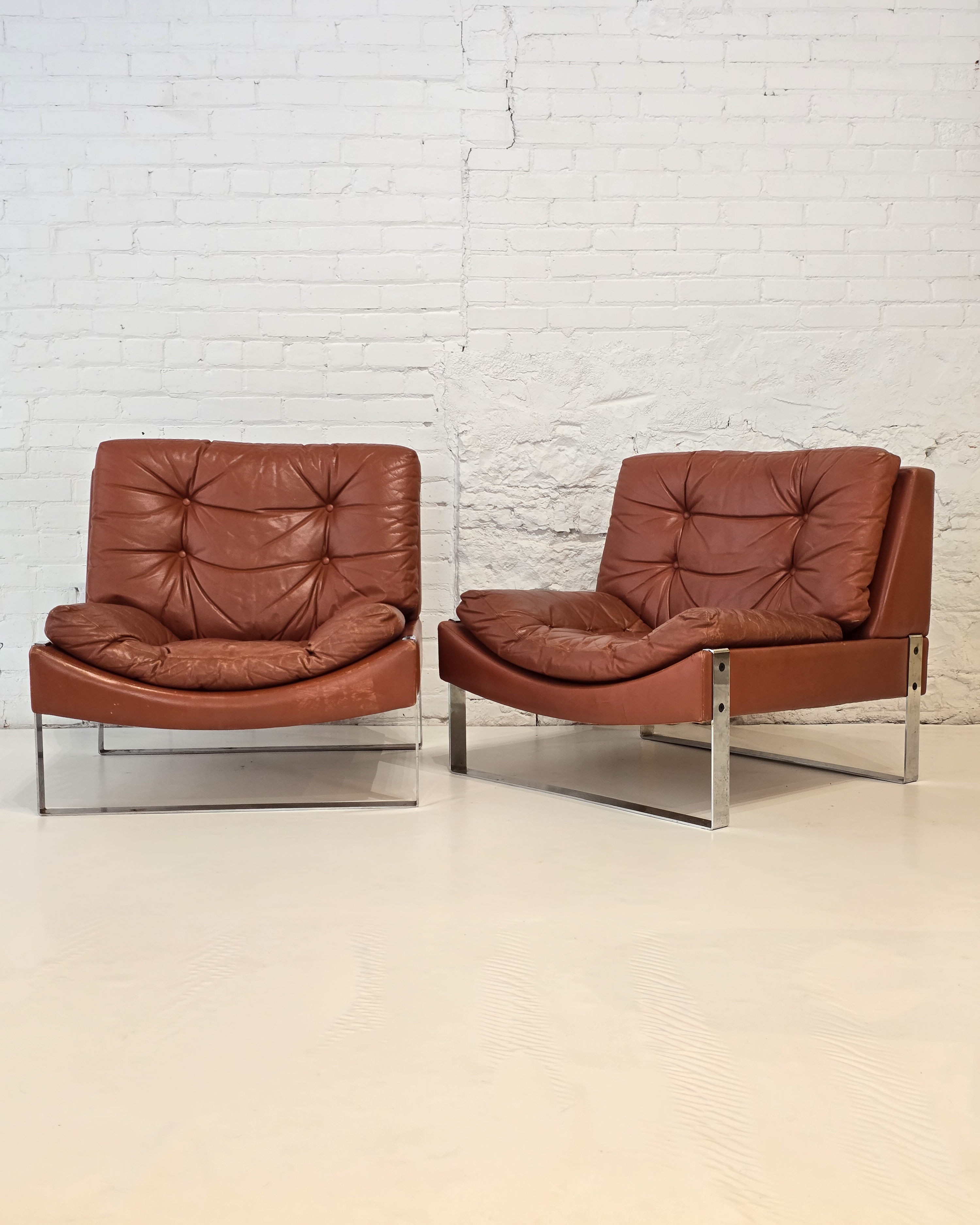  Pair of Cognac Leather & Chrome Flat-Bar Lounge Chairs