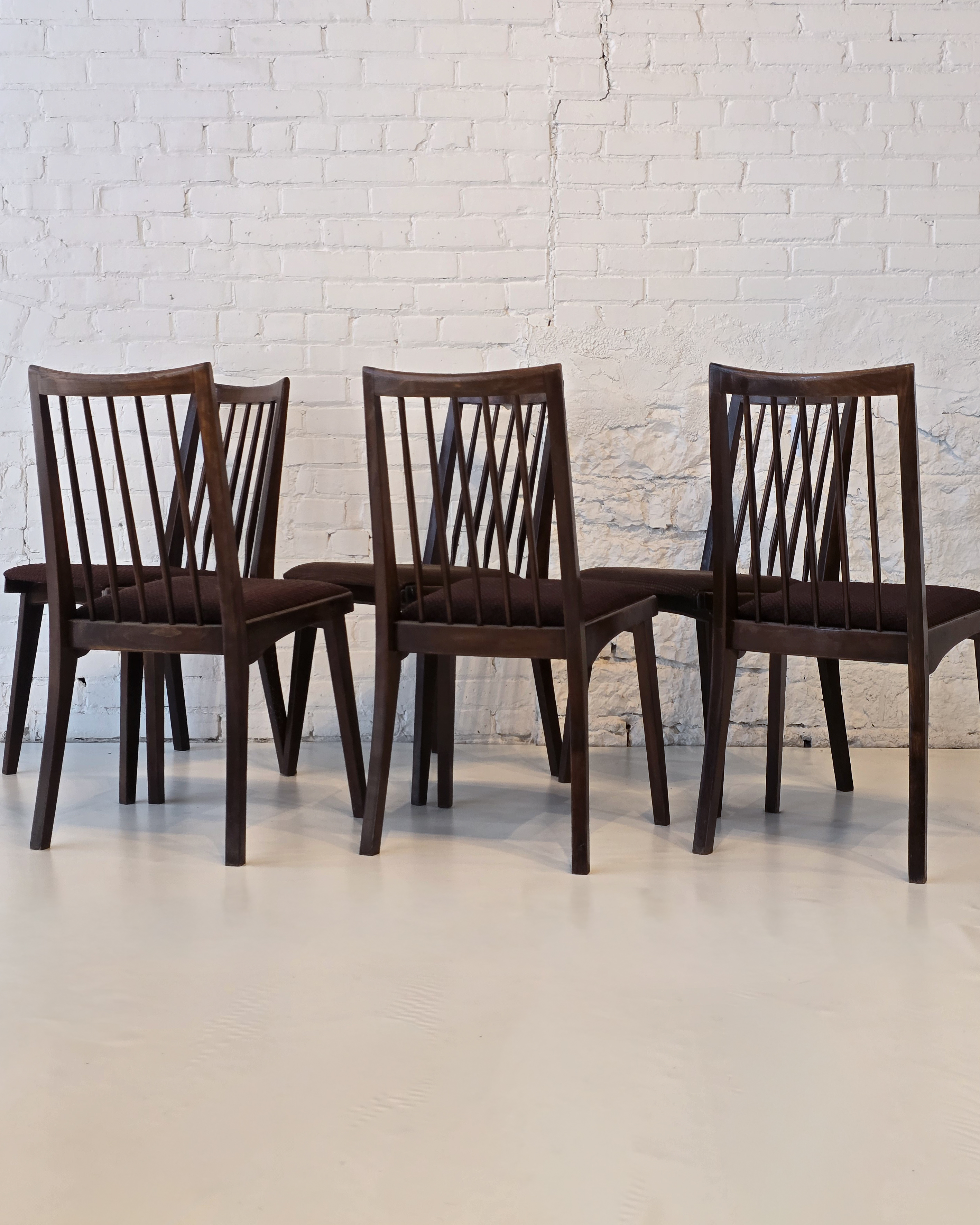 Set of Six Dark Walnut High-Back Dining Chairs with Upholstered Seats