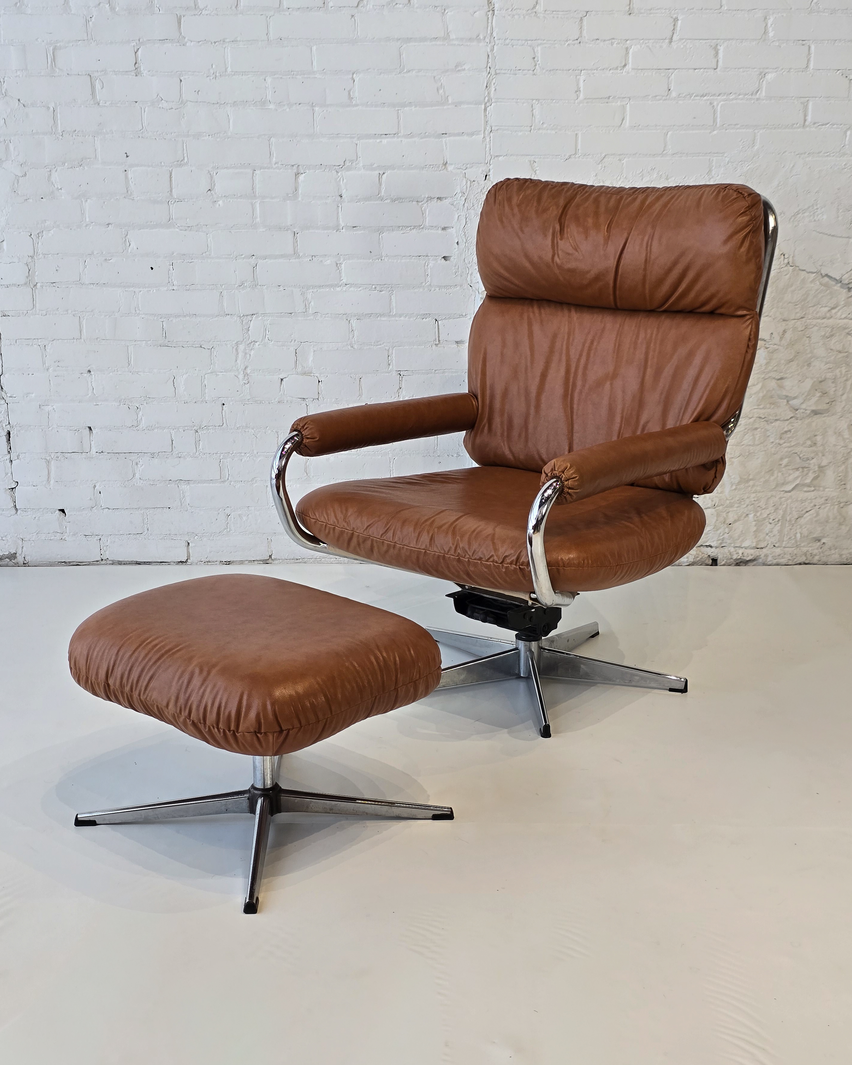 Cognac Leather Swivel Lounge Chair & Ottoman