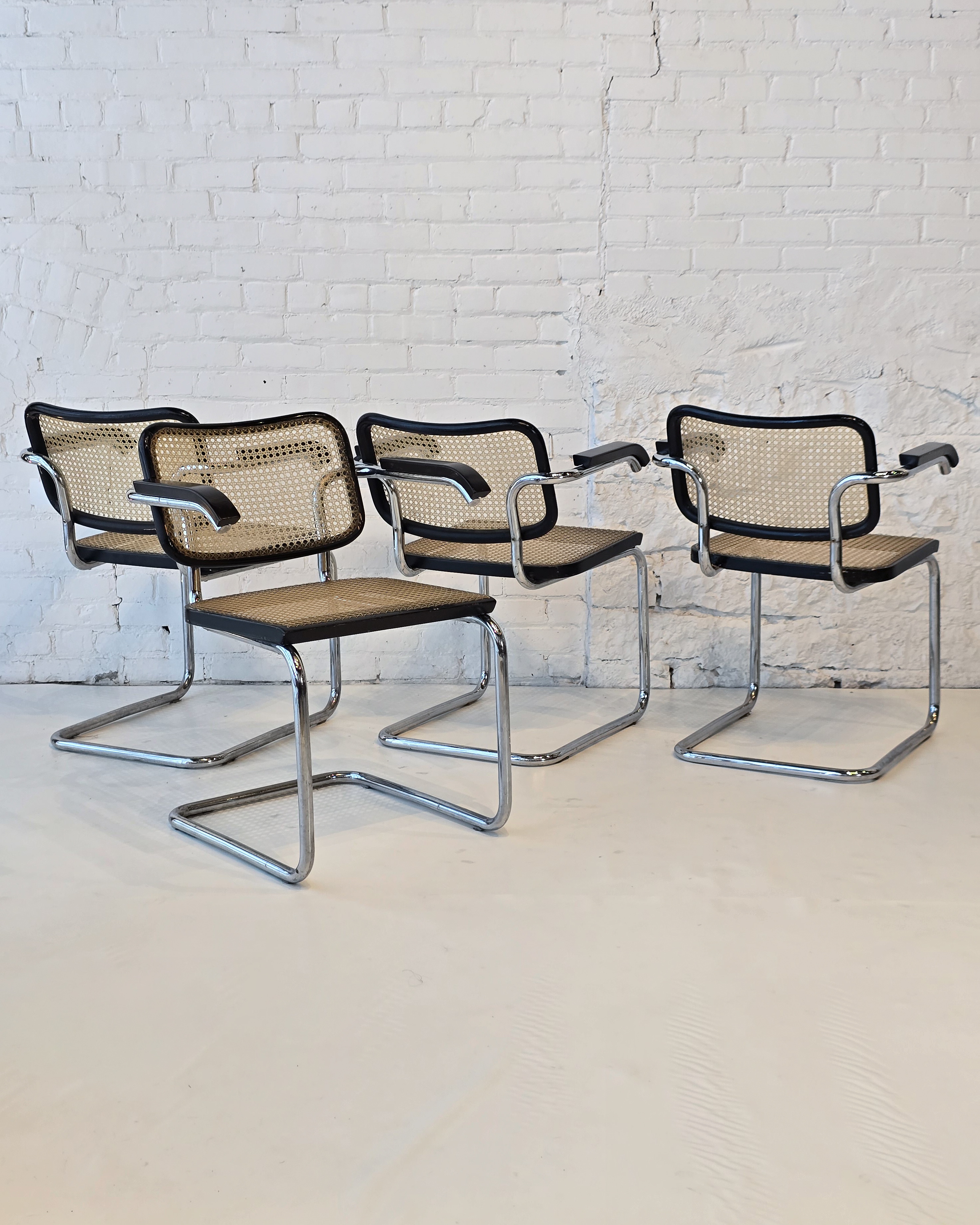 Set of Four Cesca-Style Cane & Chrome Armchairs in Ebonized Finish