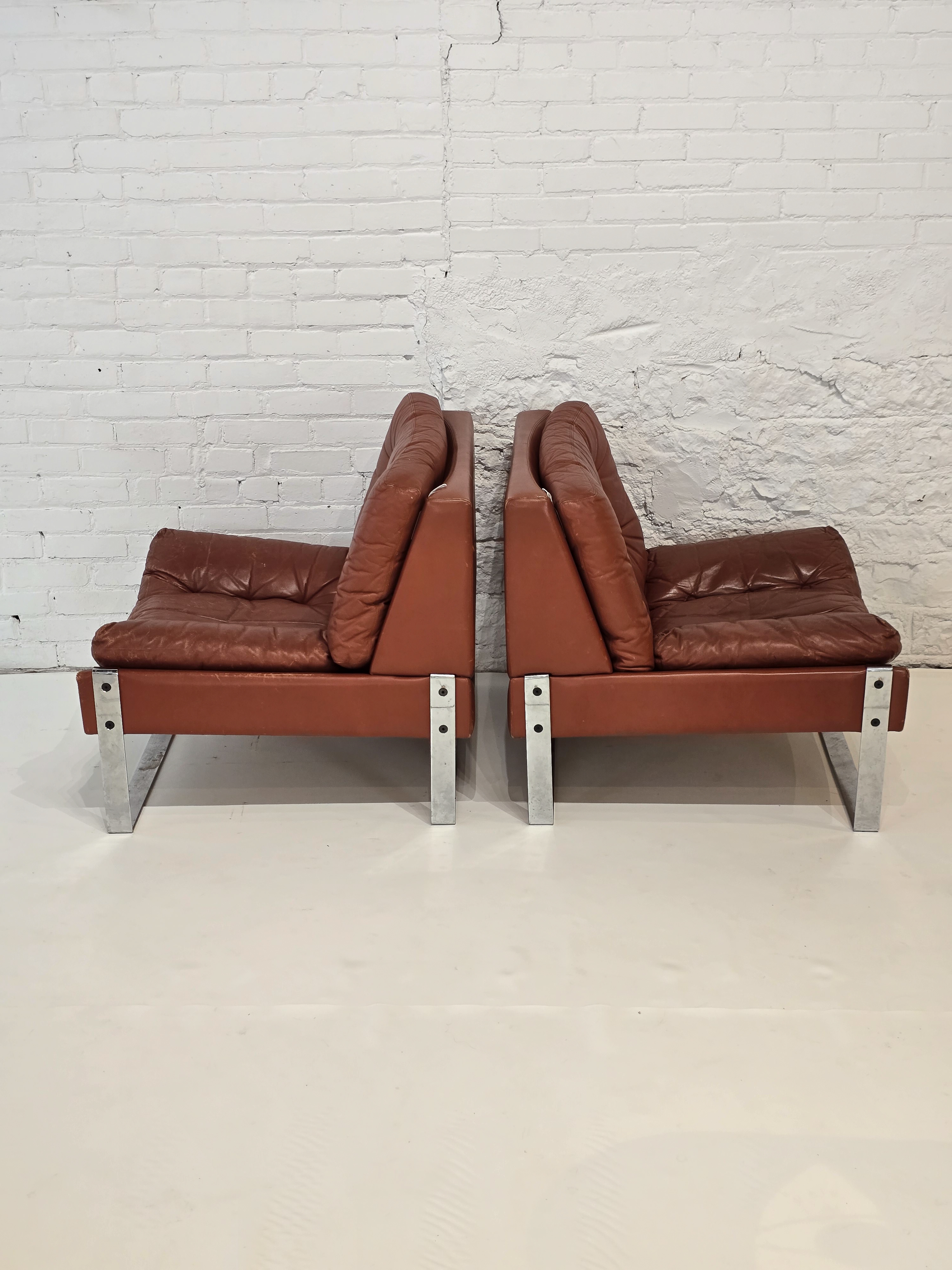  Pair of Cognac Leather & Chrome Flat-Bar Lounge Chairs