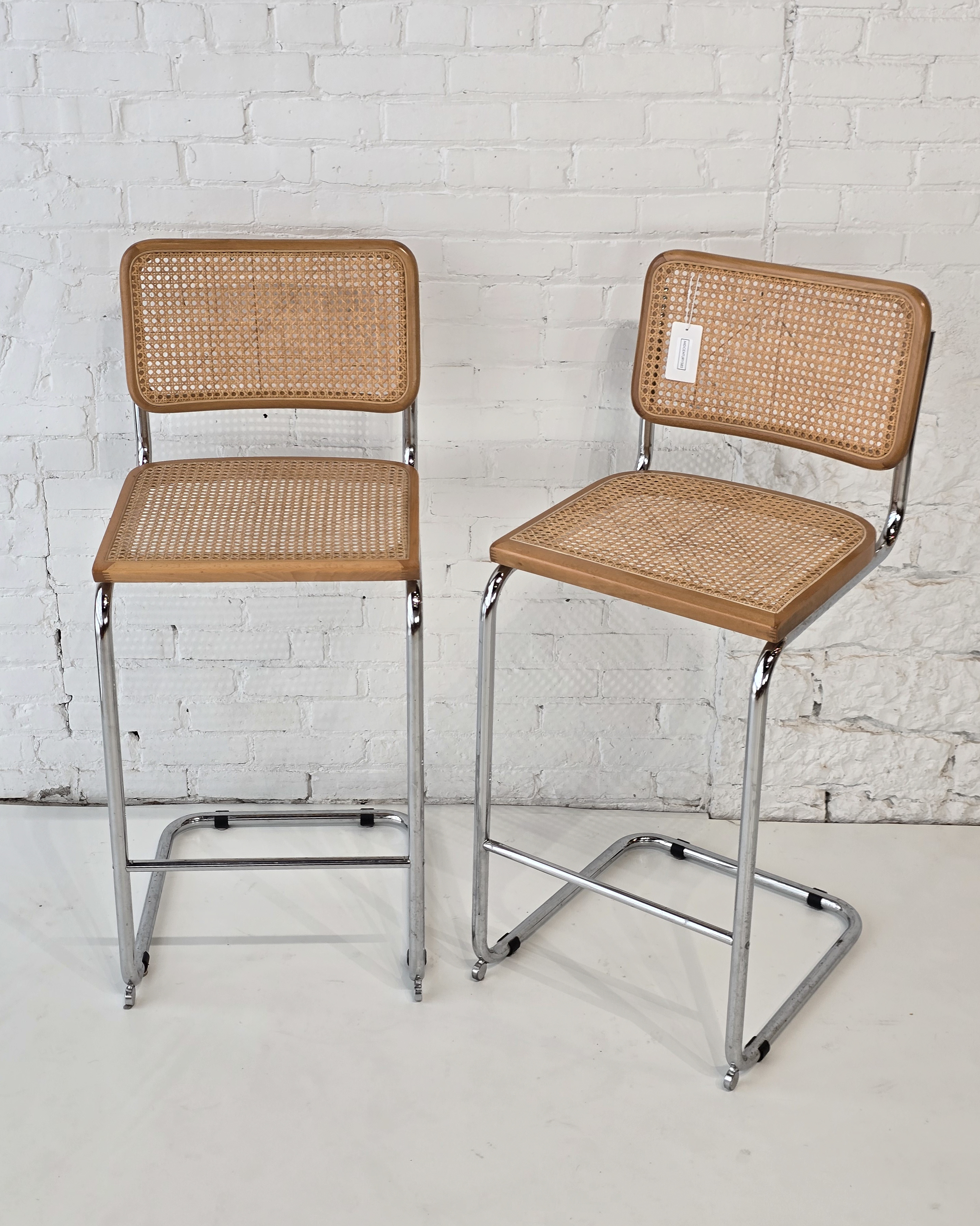 Pair of Cesca-Style Cane & Chrome Counter Stools