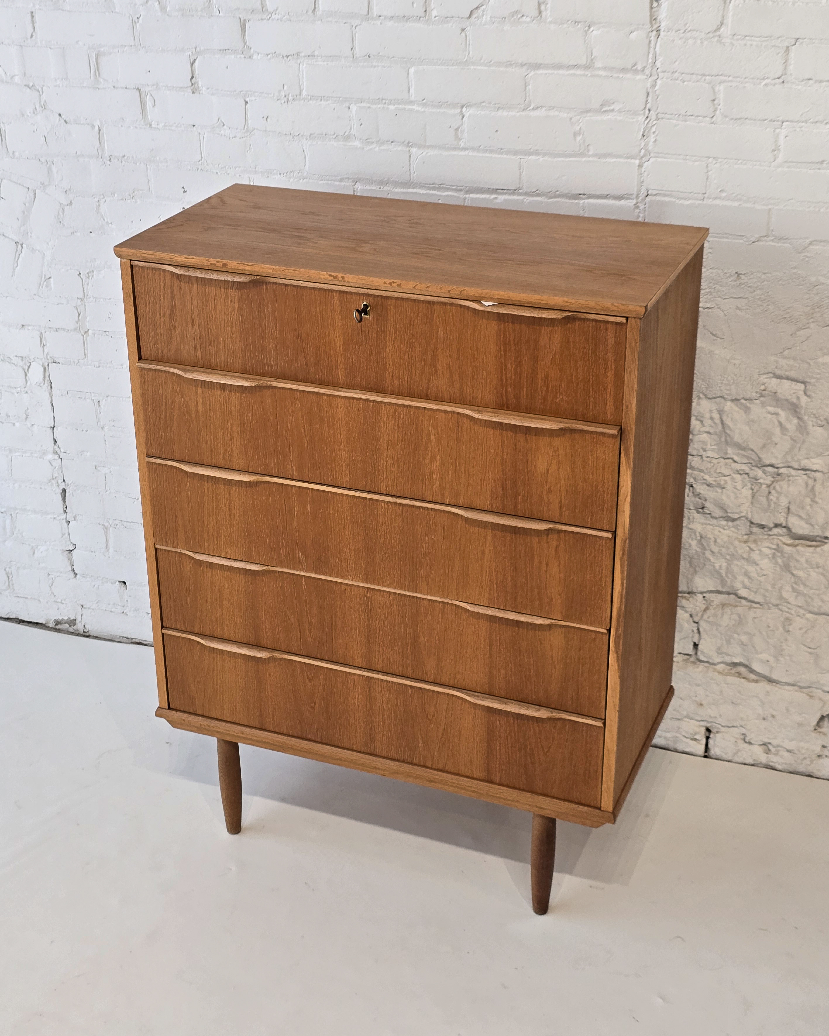 Danish Teak 5-Drawer Highboy with Locking Top Drawer