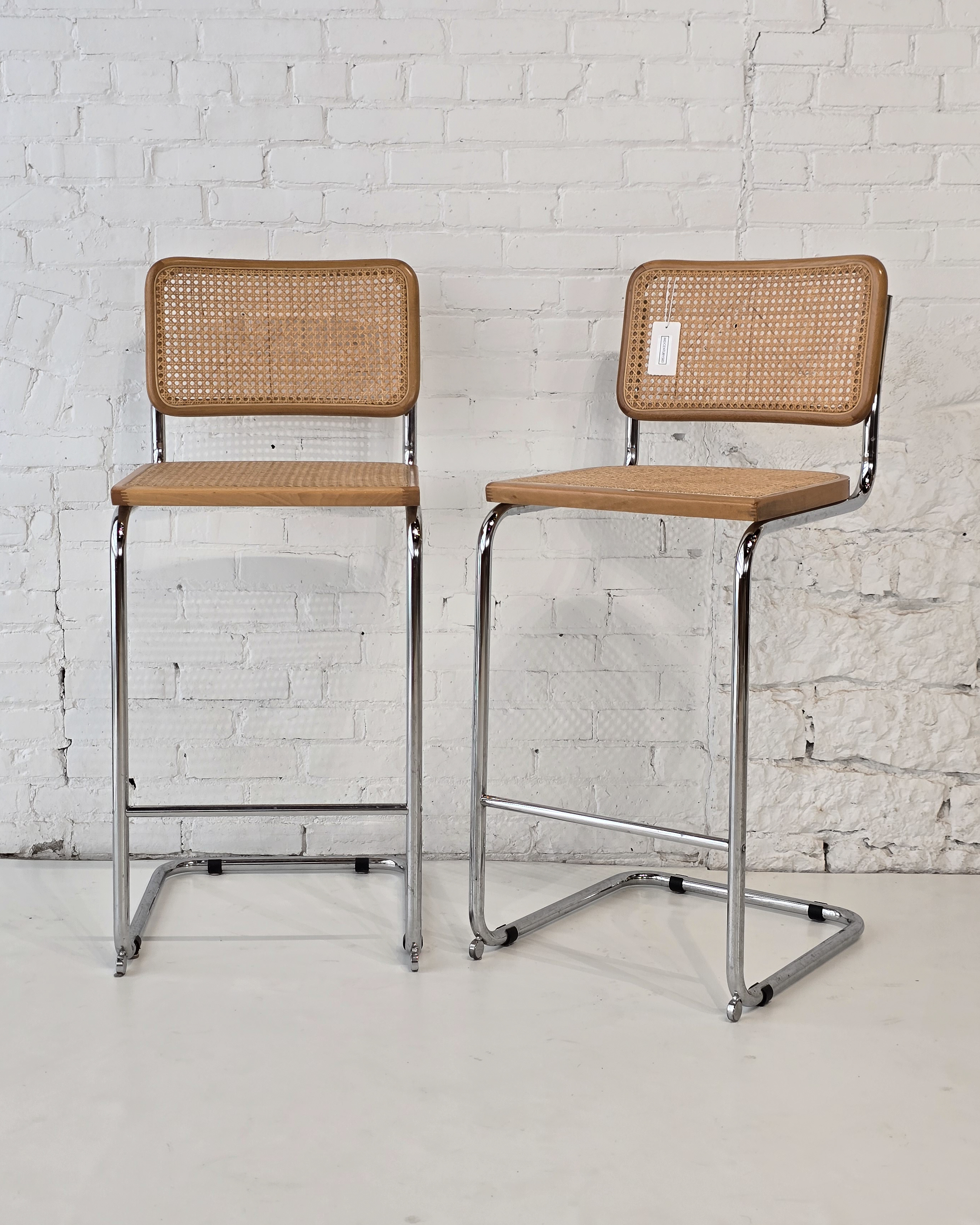 Pair of Cesca-Style Cane & Chrome Counter Stools