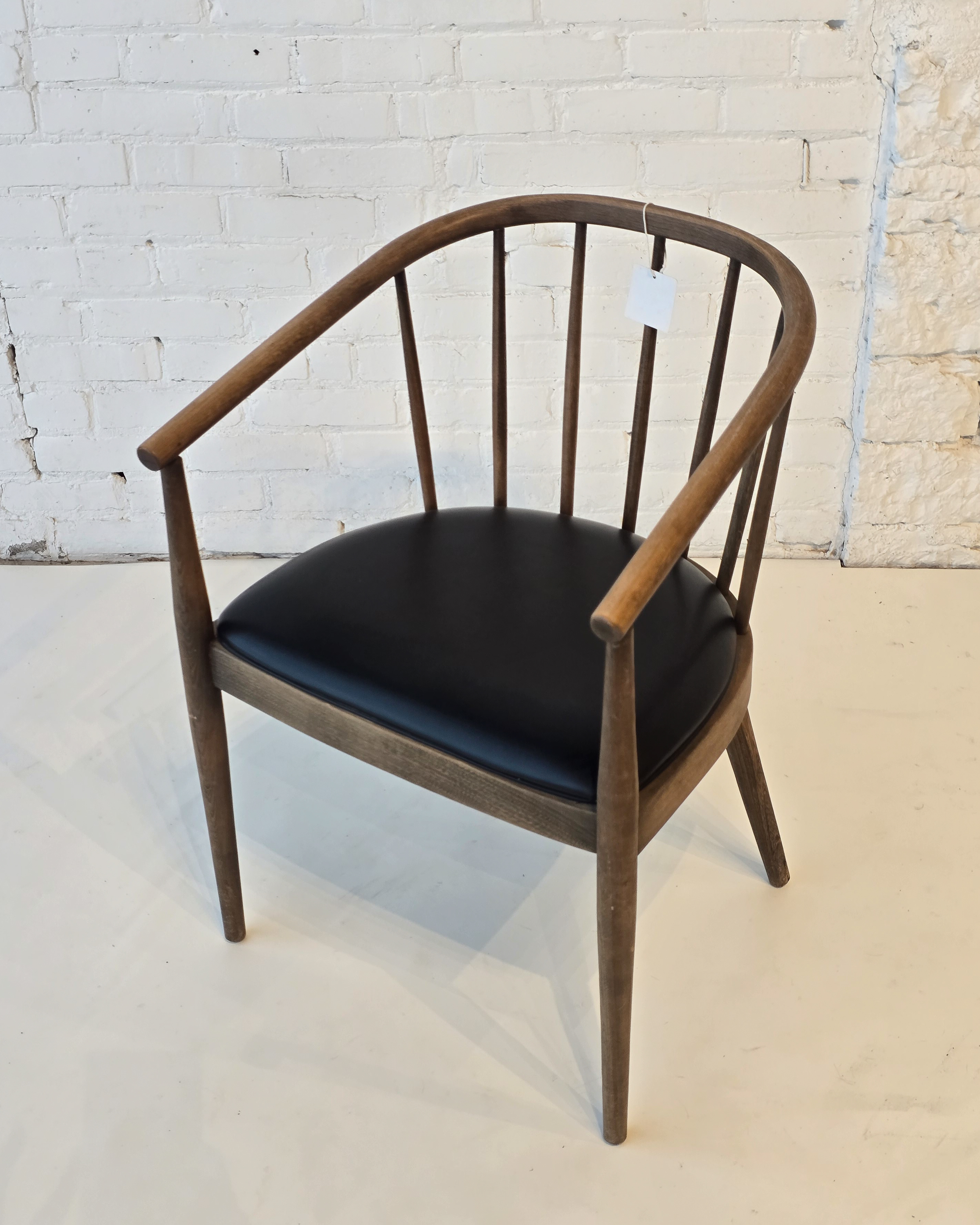 Walnut Spindle-Back Armchair with Black Leather Seat