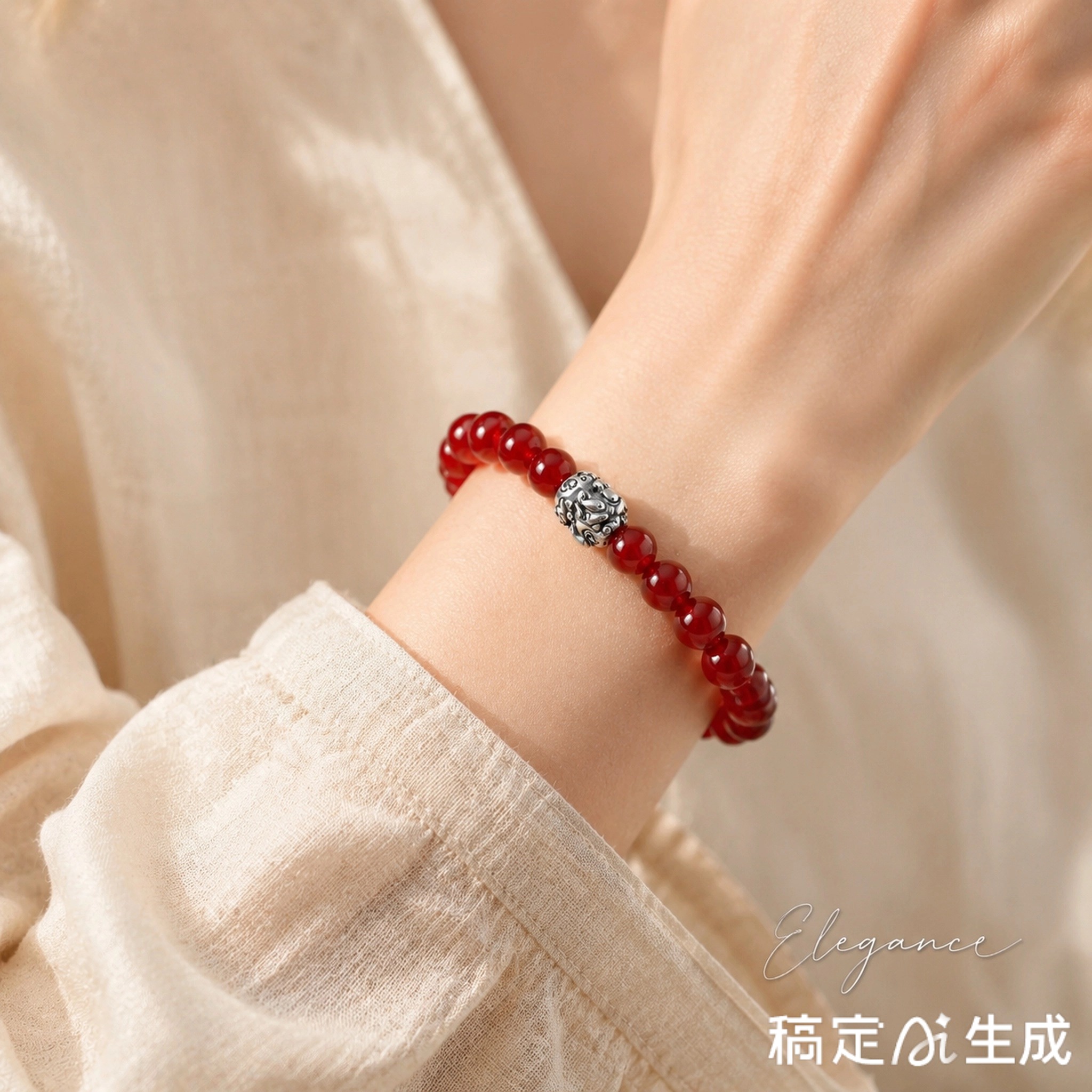 Pulsera de Ágata roja natural con detalle en Plata de alta pureza