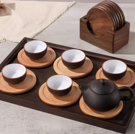 Ceramic Tea Set with Wooden Tray