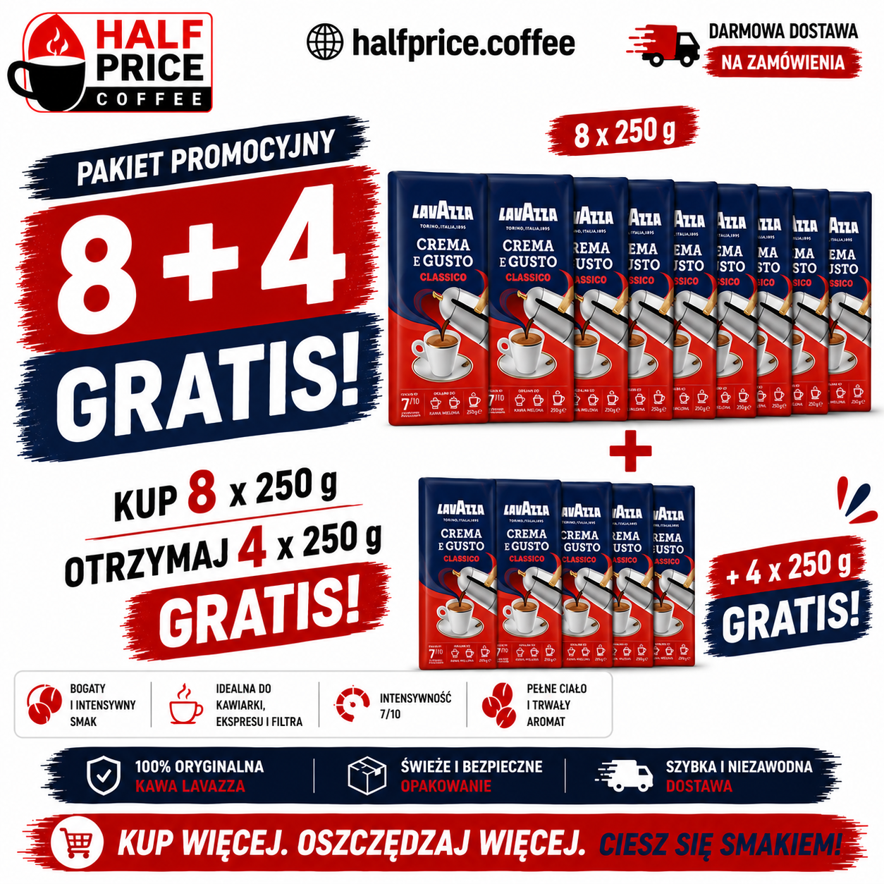 Lavazza Crema e Gusto - kawa mielona 250 g, 8 + 4 gratis