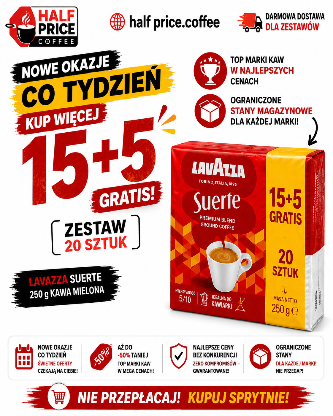 Lavazza Suerte - kawa mielona 15 + 5 gratis