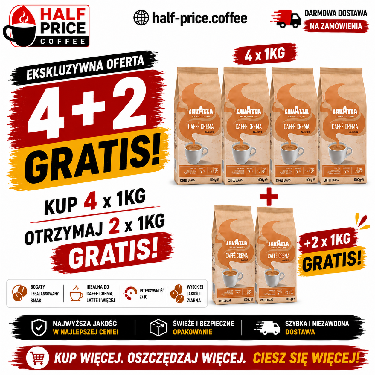 Lavazza Caffè Crema - pakiet ziarnisty 4 kg + 2 kg gratis
