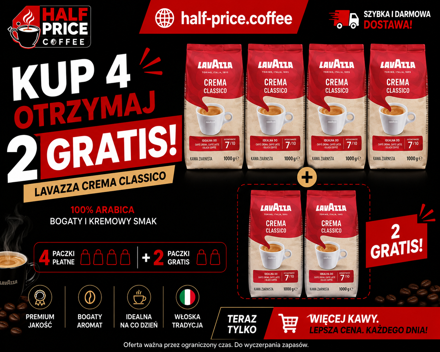 Lavazza Caffè Crema Classico - kawa ziarnista 4 kg + 2 kg gratis