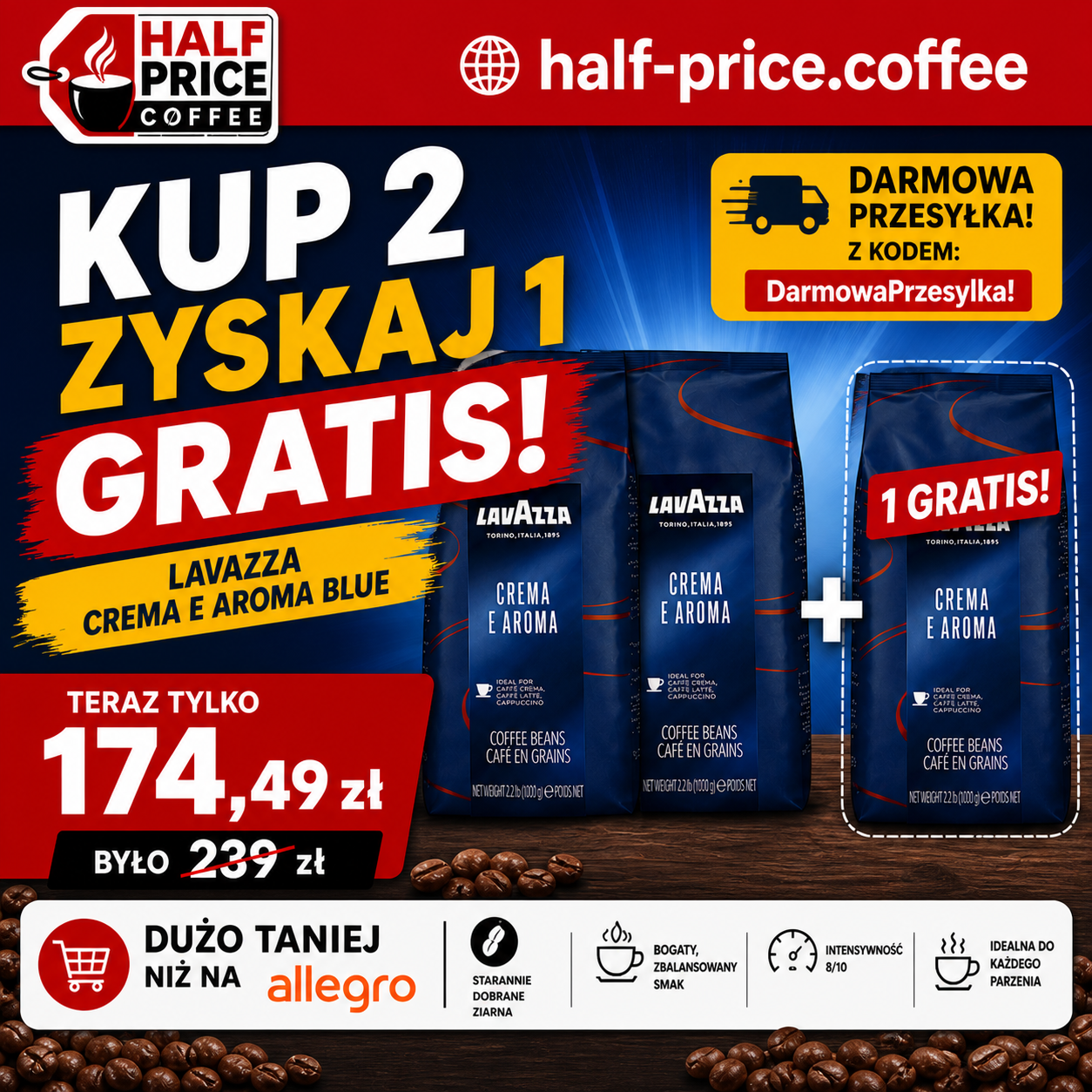 Lavazza Crema e Aroma Blue - kawa ziarnista 2 kg + 1 kg gratis