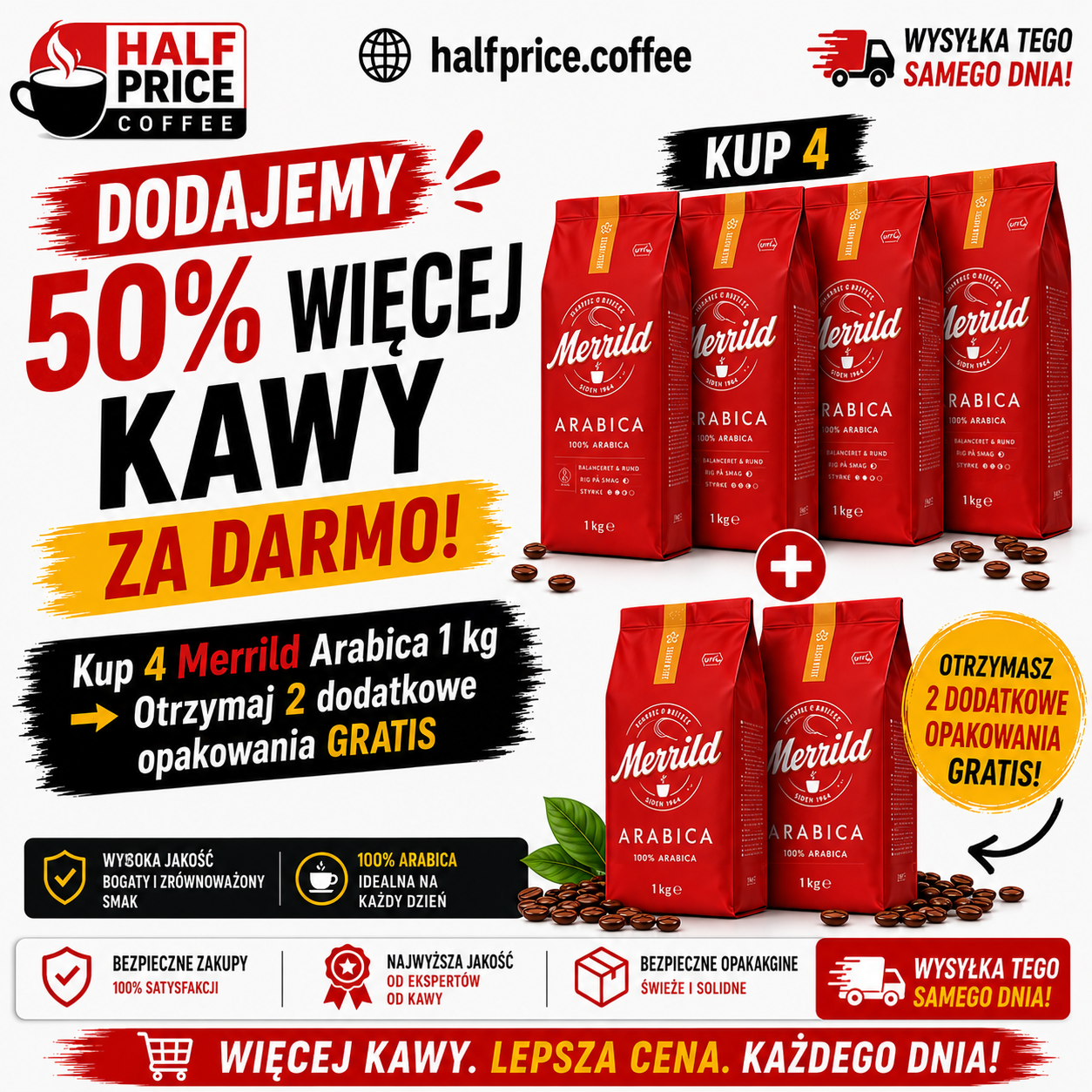 Merrild Arabica - kawa ziarnista 4 kg + 2 kg gratis