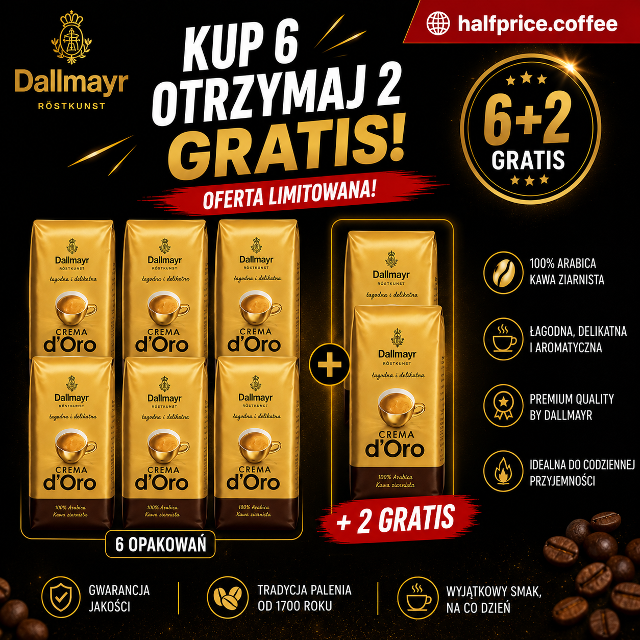 Dallmayr Crema d'Oro - kawa ziarnista 6 kg + 2 kg gratis