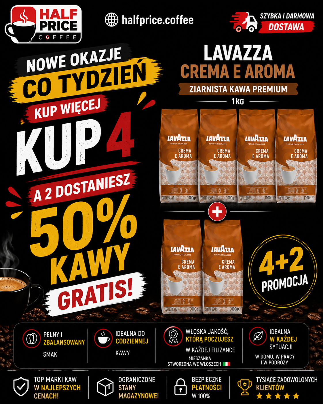Lavazza Crema e Aroma Premium - kawa ziarnista 4 kg + 2 kg gratis