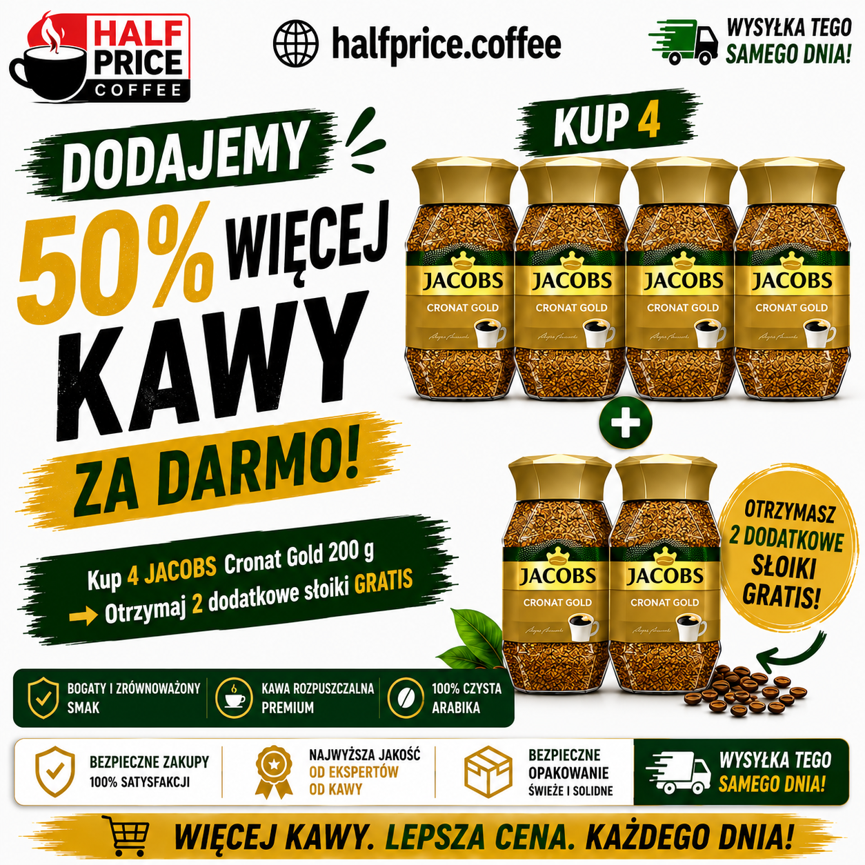 Jacobs Cronat Gold - kawa rozpuszczalna 4 + 2 słoiki gratis