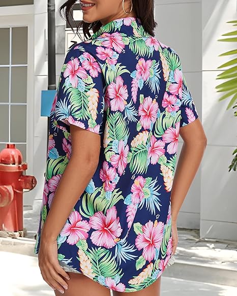 Women Hawaiian Shirt Button Down Summer Tops Beach Cool Short Sleeve V Neck Blouse 2026 Outfits 