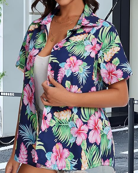Women Hawaiian Shirt Button Down Summer Tops Beach Cool Short Sleeve V Neck Blouse 2026 Outfits 