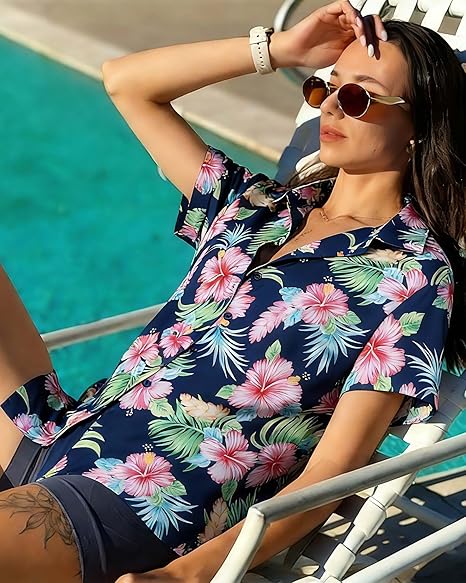 Women Hawaiian Shirt Button Down Summer Tops Beach Cool Short Sleeve V Neck Blouse 2026 Outfits 
