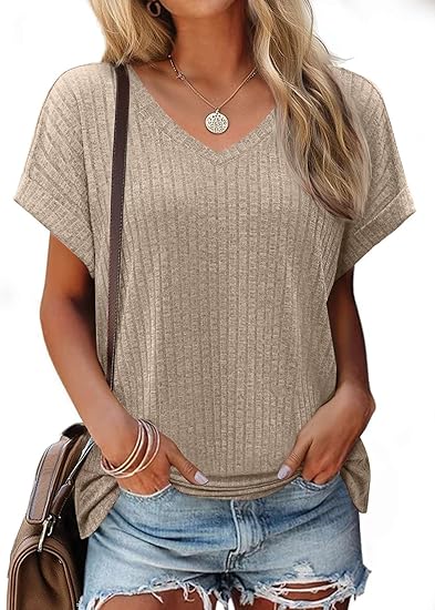 JUSTFASHIONNOW Summer Tops for Women 2026 V Neck Short Sleeve Shirts Dressy Casual Blouses Trendy Side Split Basic Tees 