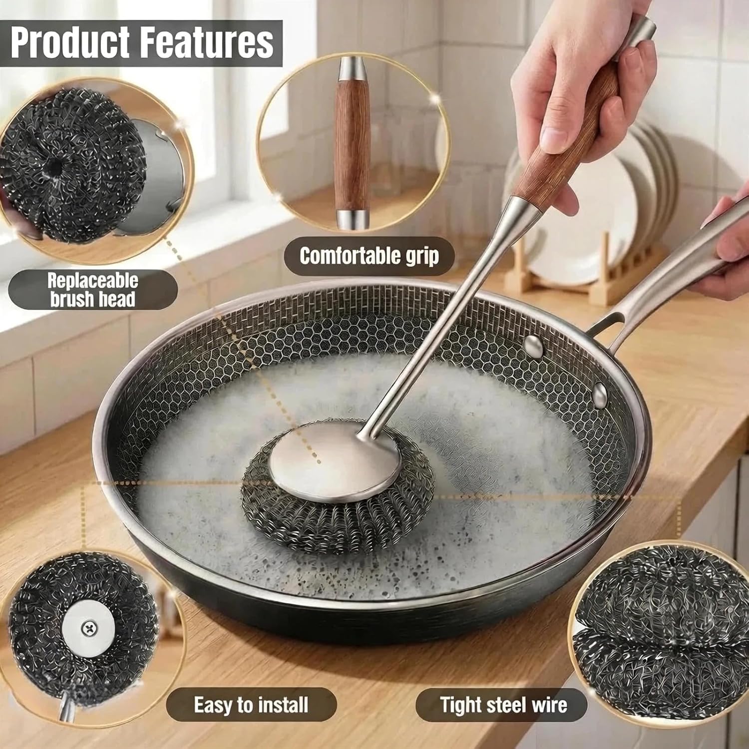 Stainless Steel Scrubber Set, Steel Wool & Steel Ball Cleaning Brush with Replaceable Heads, Heavy Duty Steel Cleaner for Oven, Stove, Dishes & Grill,4Pcs Includes 2 Pcs Pads