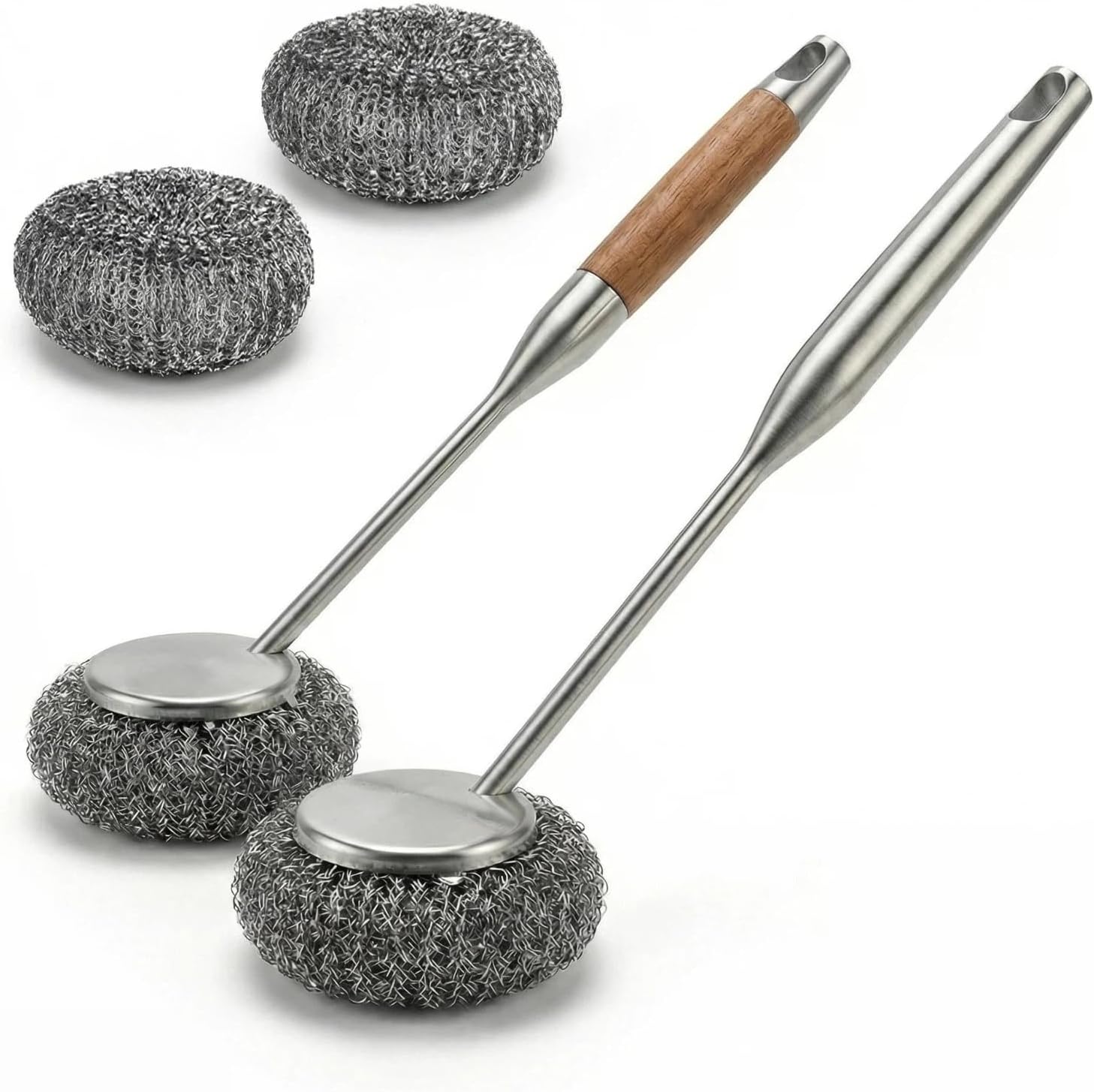 Stainless Steel Scrubber Set, Steel Wool & Steel Ball Cleaning Brush with Replaceable Heads, Heavy Duty Steel Cleaner for Oven, Stove, Dishes & Grill,4Pcs Includes 2 Pcs Pads