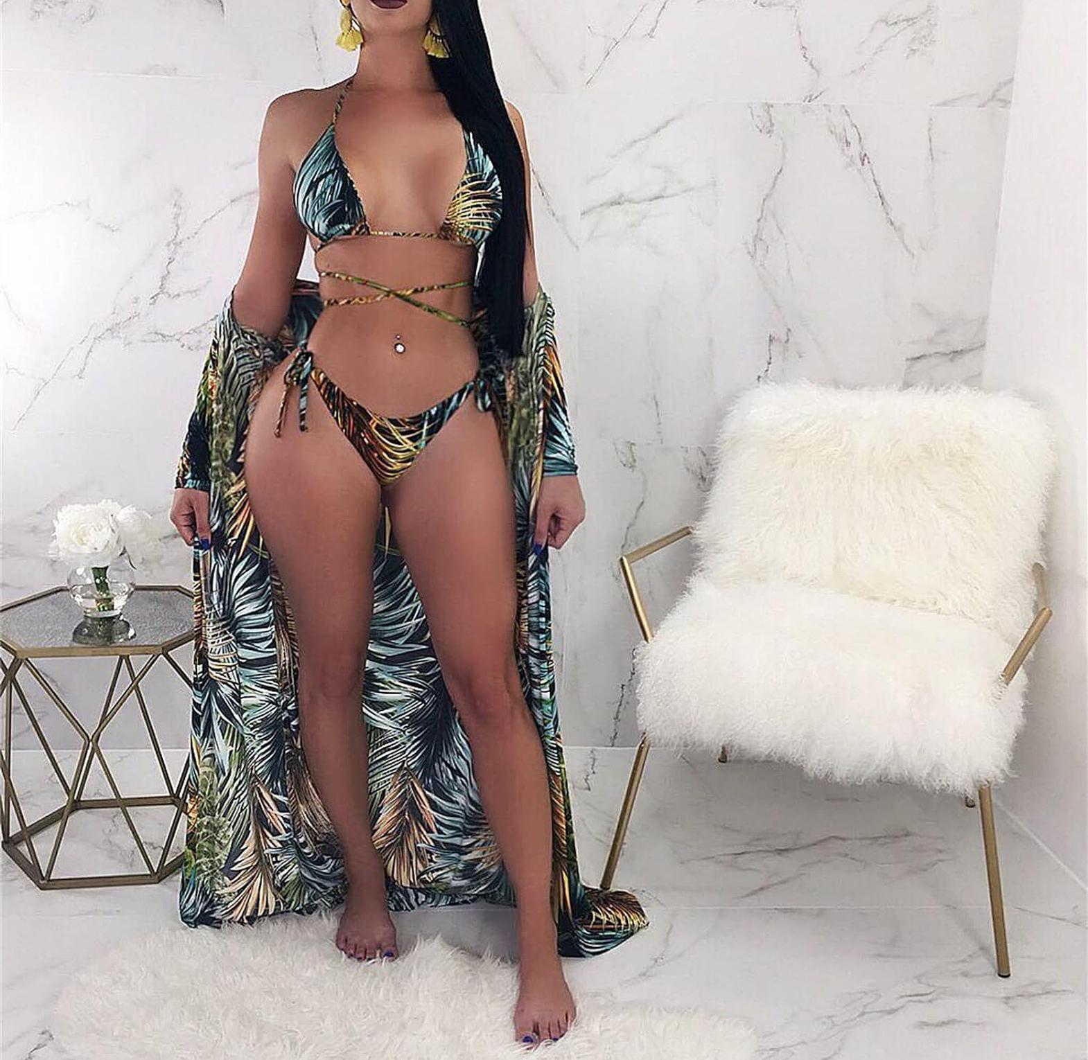 Tropical Leaf Print Bikini Set
