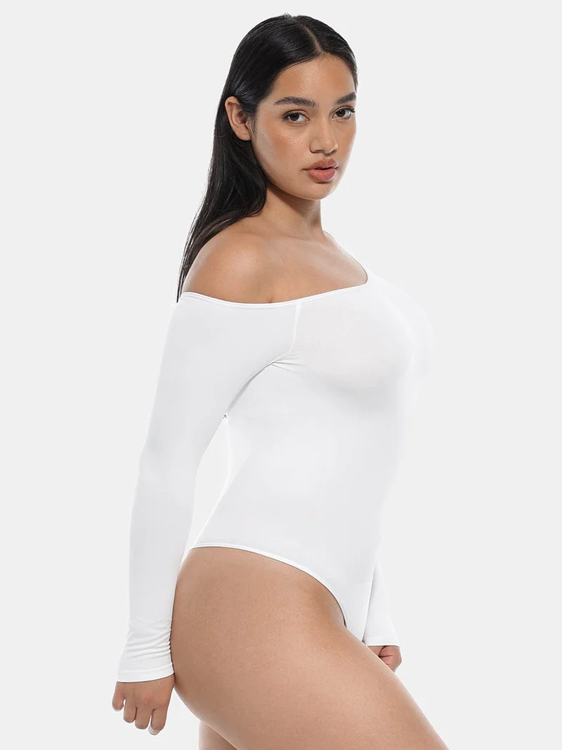 Diagonal Neck Long Sleeve Waist Trimming Thong Bodysuit