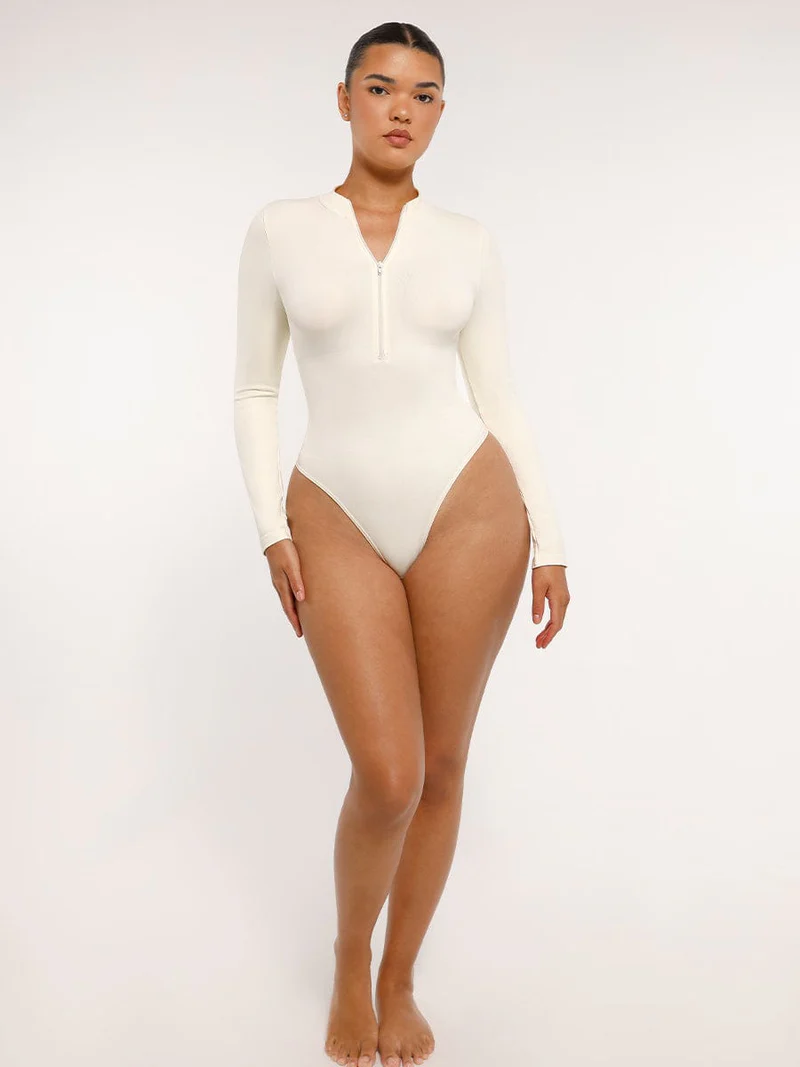  Seamless Long Sleeve Zipper Thong Bodysuit