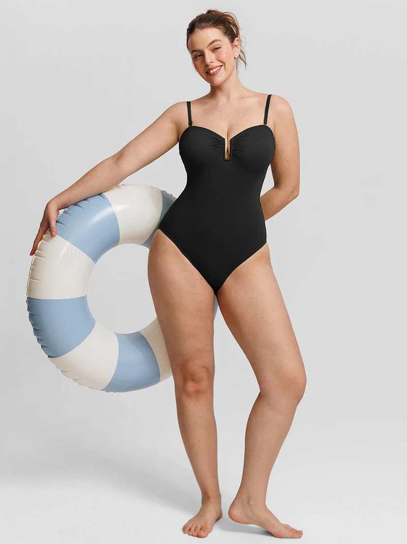 U Wire Mesh Tummy Control One Piece Shapewear Swimsuit with Removable Pads