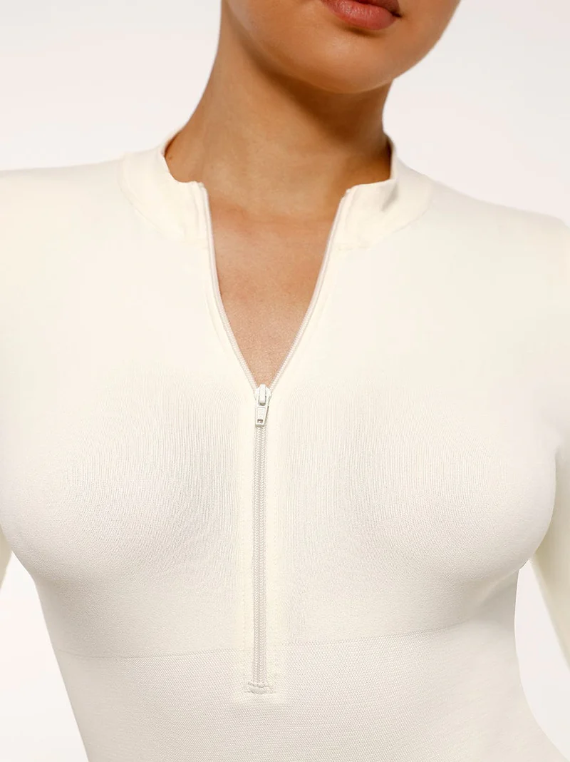  Seamless Long Sleeve Zipper Thong Bodysuit
