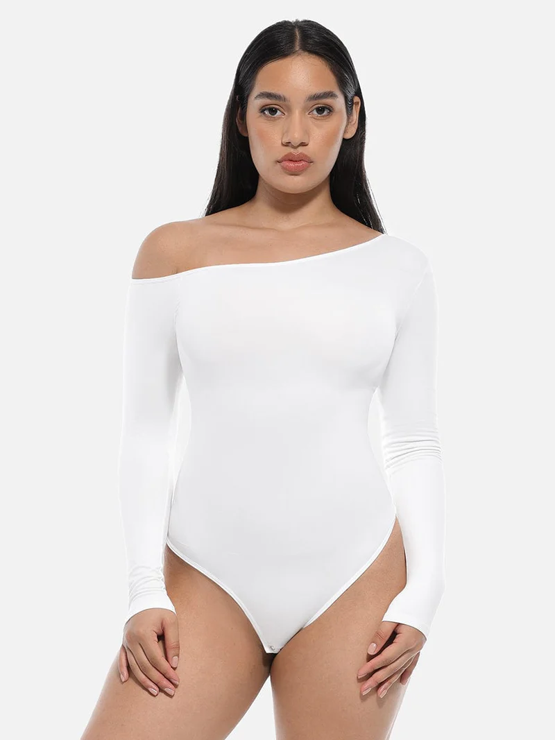 Diagonal Neck Long Sleeve Waist Trimming Thong Bodysuit