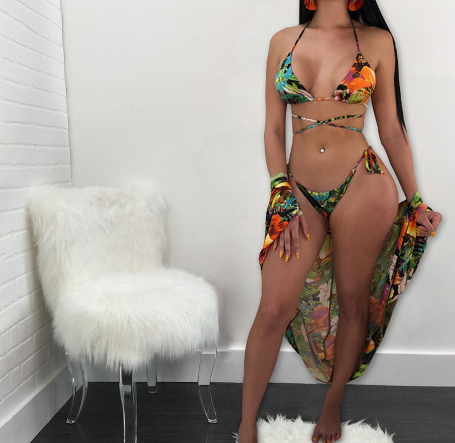 Tropical Leaf Print Bikini Set
