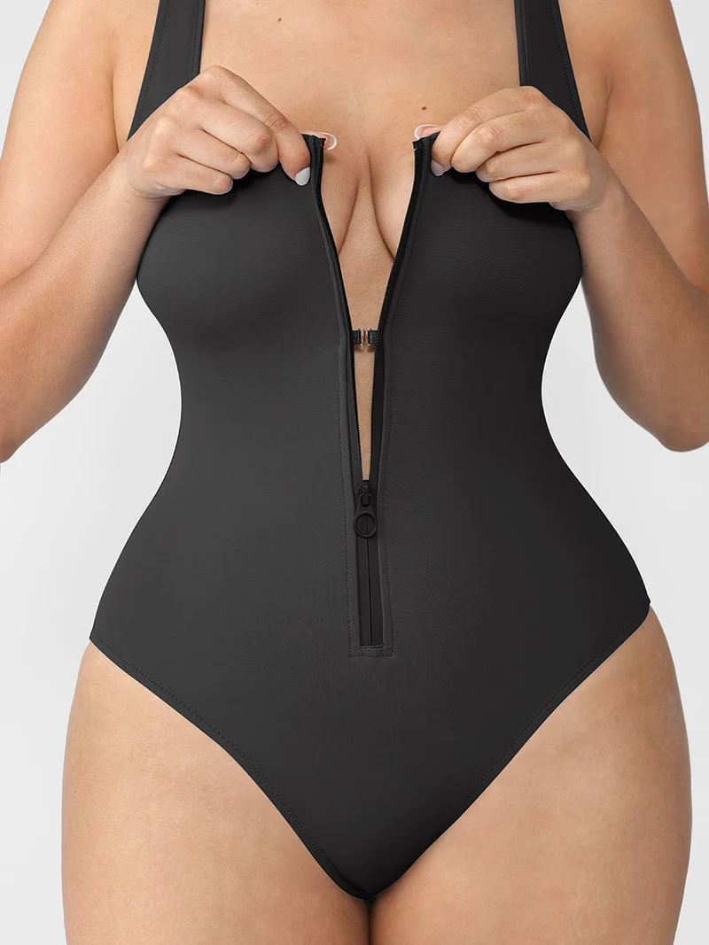 Zipper Front Waist Tummy Control Swimsuit
