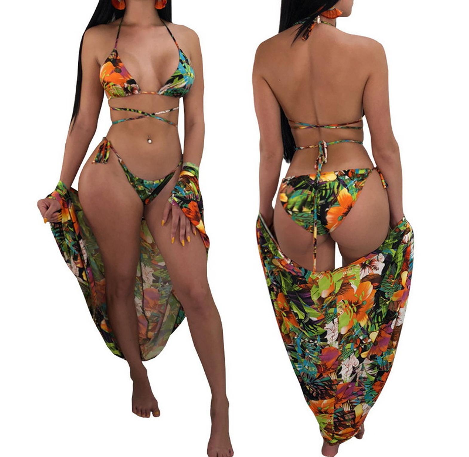 Tropical Leaf Print Bikini Set