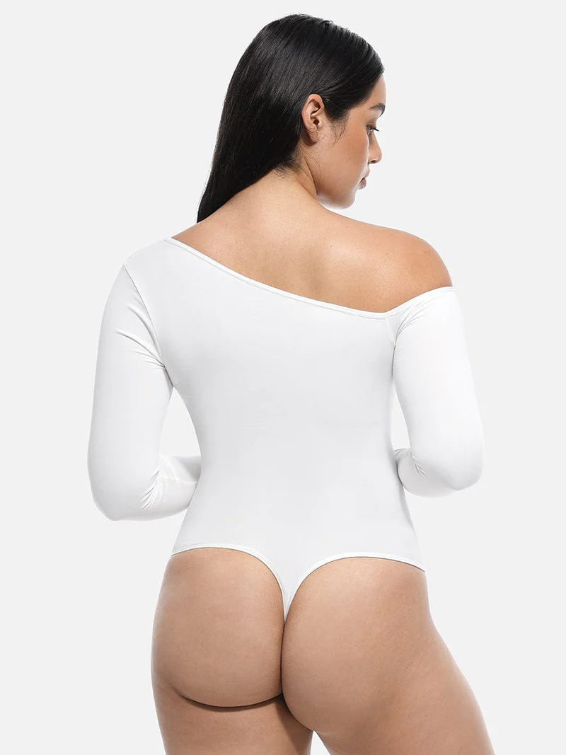 Diagonal Neck Long Sleeve Waist Trimming Thong Bodysuit