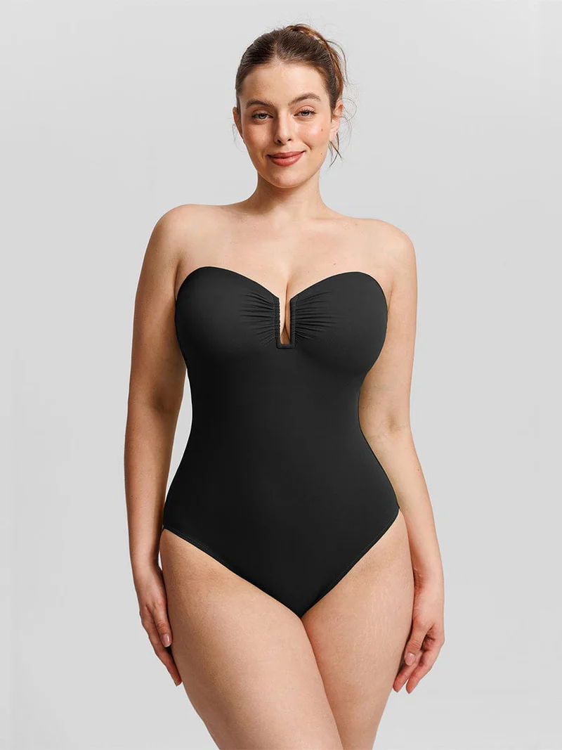 U Wire Mesh Tummy Control One Piece Shapewear Swimsuit with Removable Pads