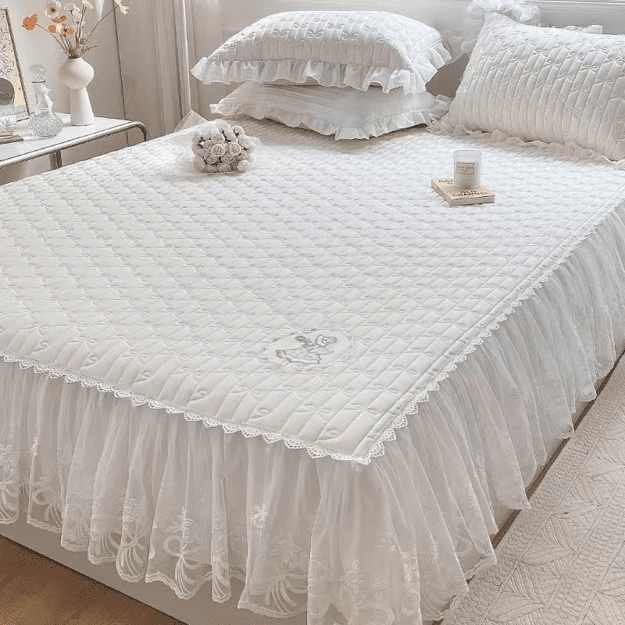 Elegant White Ruffled Bed Set
