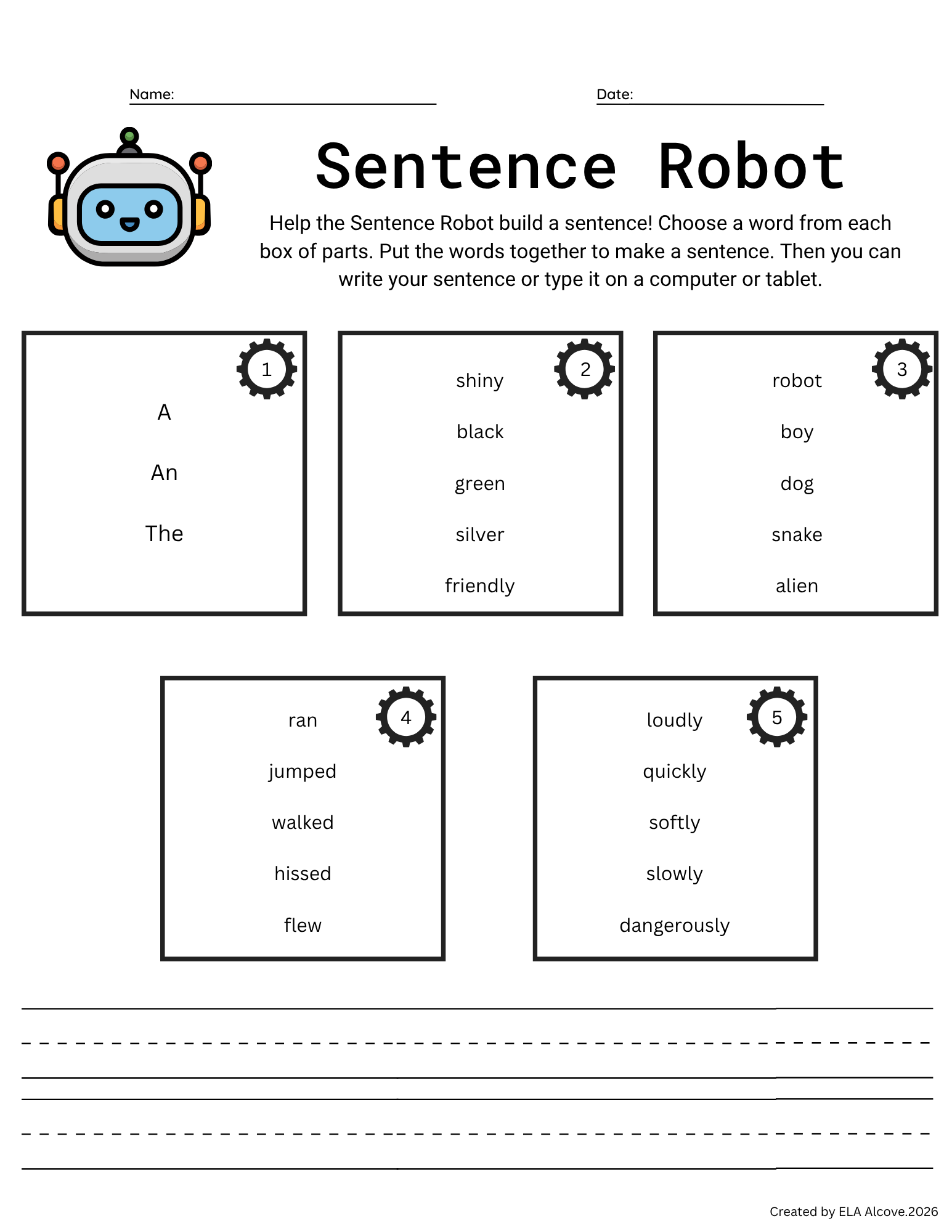 Sentence Robot Digital Worksheet