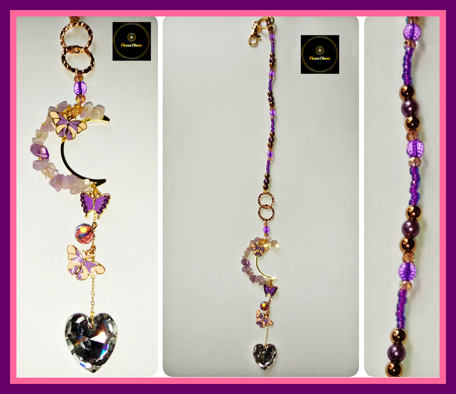 Amethyst "Butterfly Moon"  Beaded Suncatcher w Crystal Heart, XL