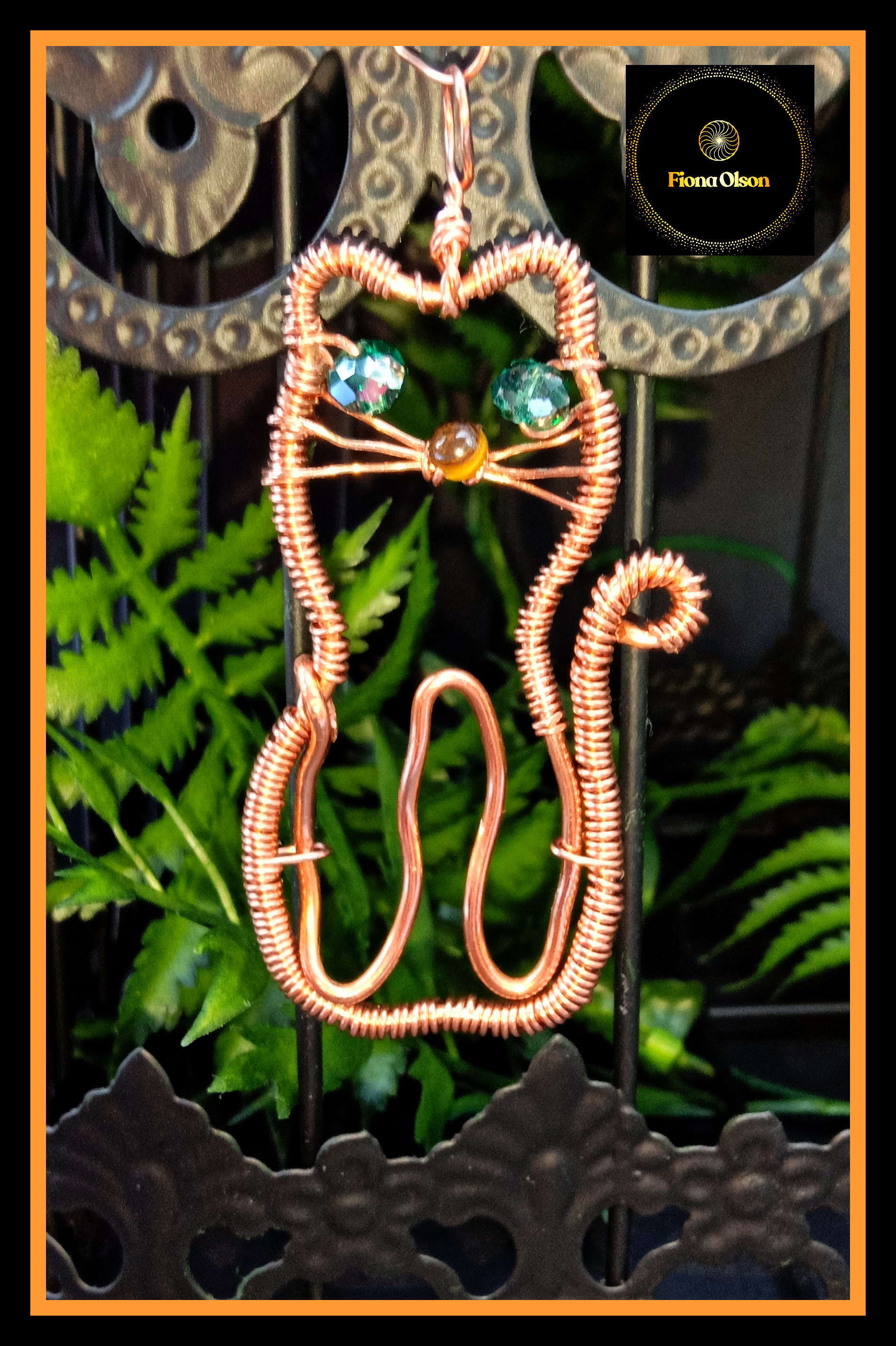 "Wiskers In Wire" Copper Cat Pendant w Tiger's Eye Gemstone Nose