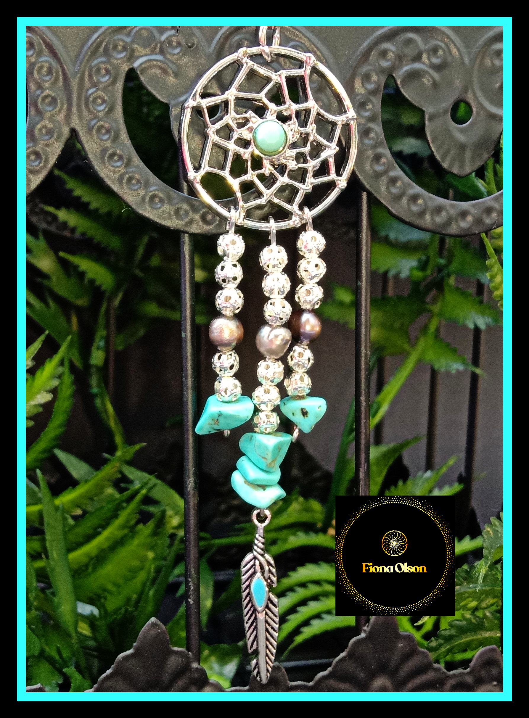 Charcoal/Silver Freshwater Pearl & Turquoise Dreamcatcher Pendant