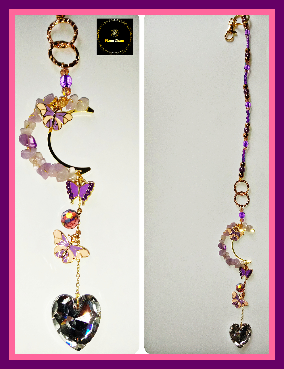 Amethyst "Butterfly Moon"  Beaded Suncatcher w Crystal Heart, XL
