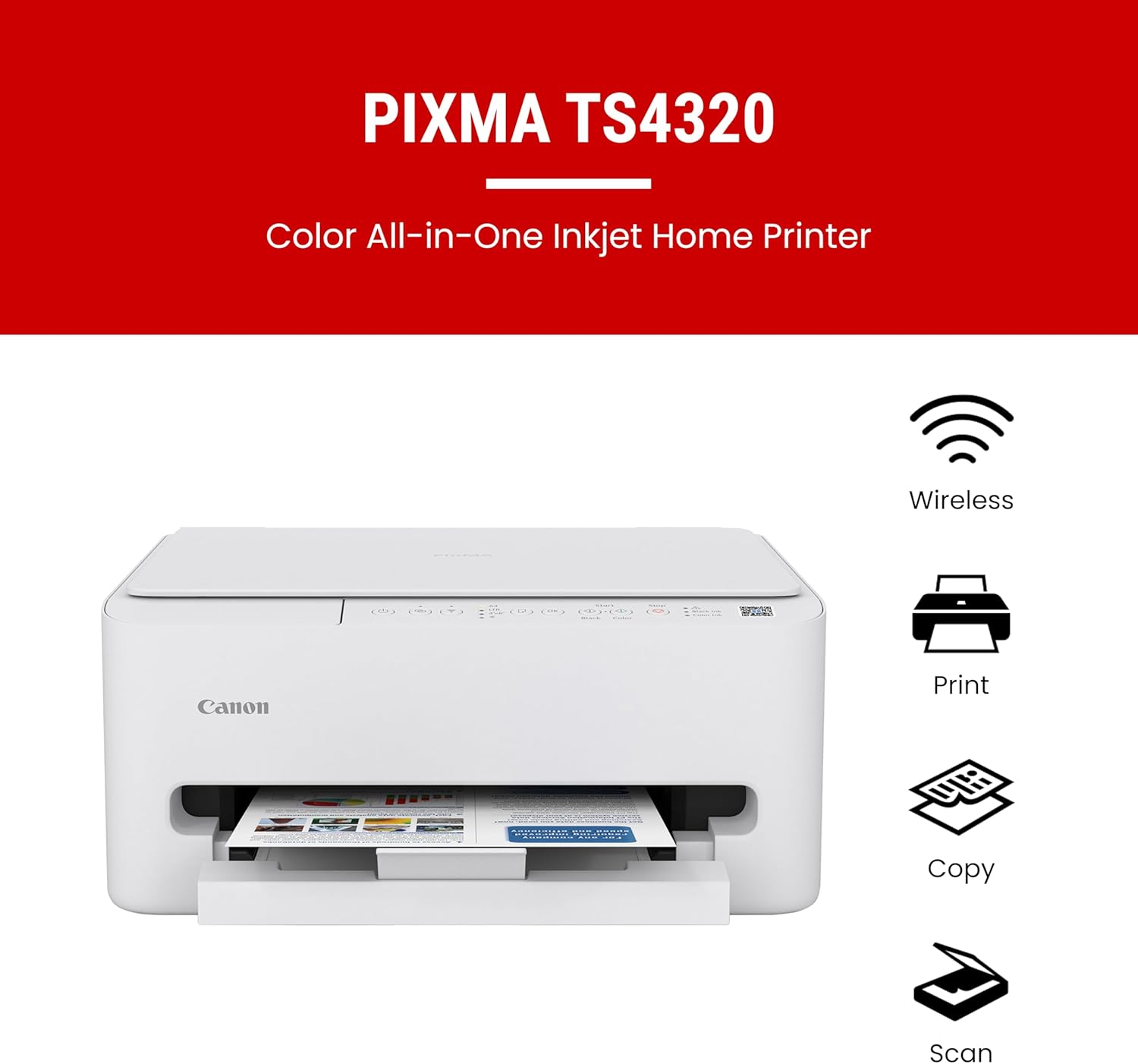 Canon PIXMA TS4320 Wireless Color Inkjet Printer for Duplex Printing, White – Home Printer with Copier/Scanner, Compact Design, Easy Setup, 1 Year Limited Warranty