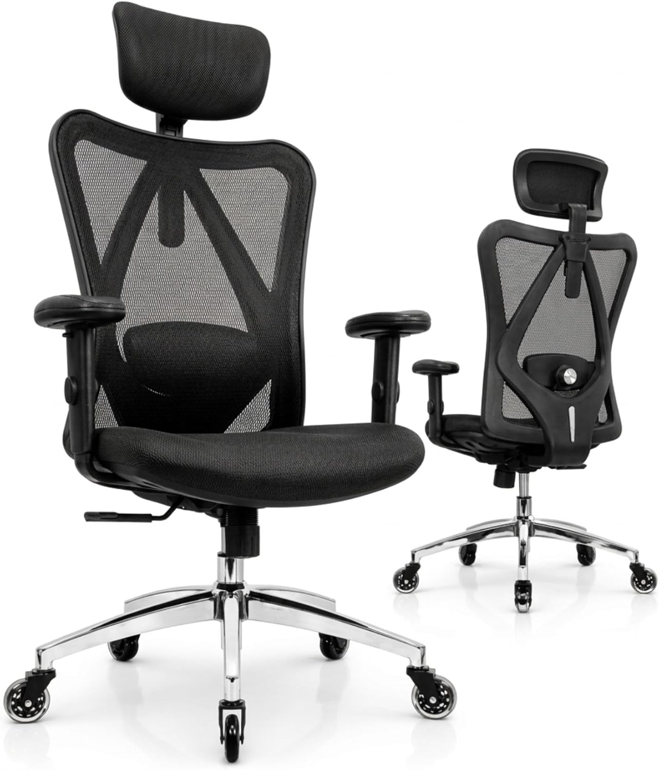 Duramont Ergonomic Office Chair with Rollerblade Wheels - High Back Breathable Mesh Desk Chair, 4D Lumbar Support, Memory Foam Seat, Adjustable Headrest and Armrests, Reclines, Black